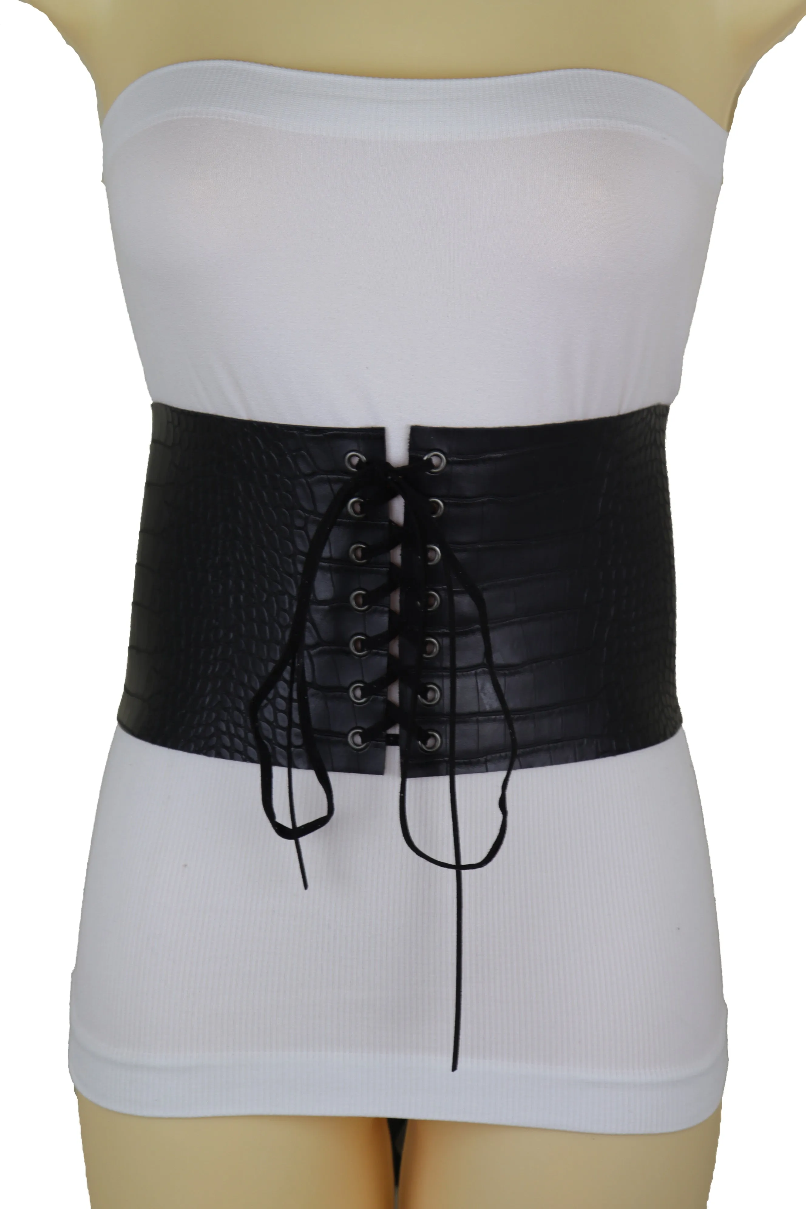 Wide Black Corset Western Fashion Belt Faux Crocodile Leather M