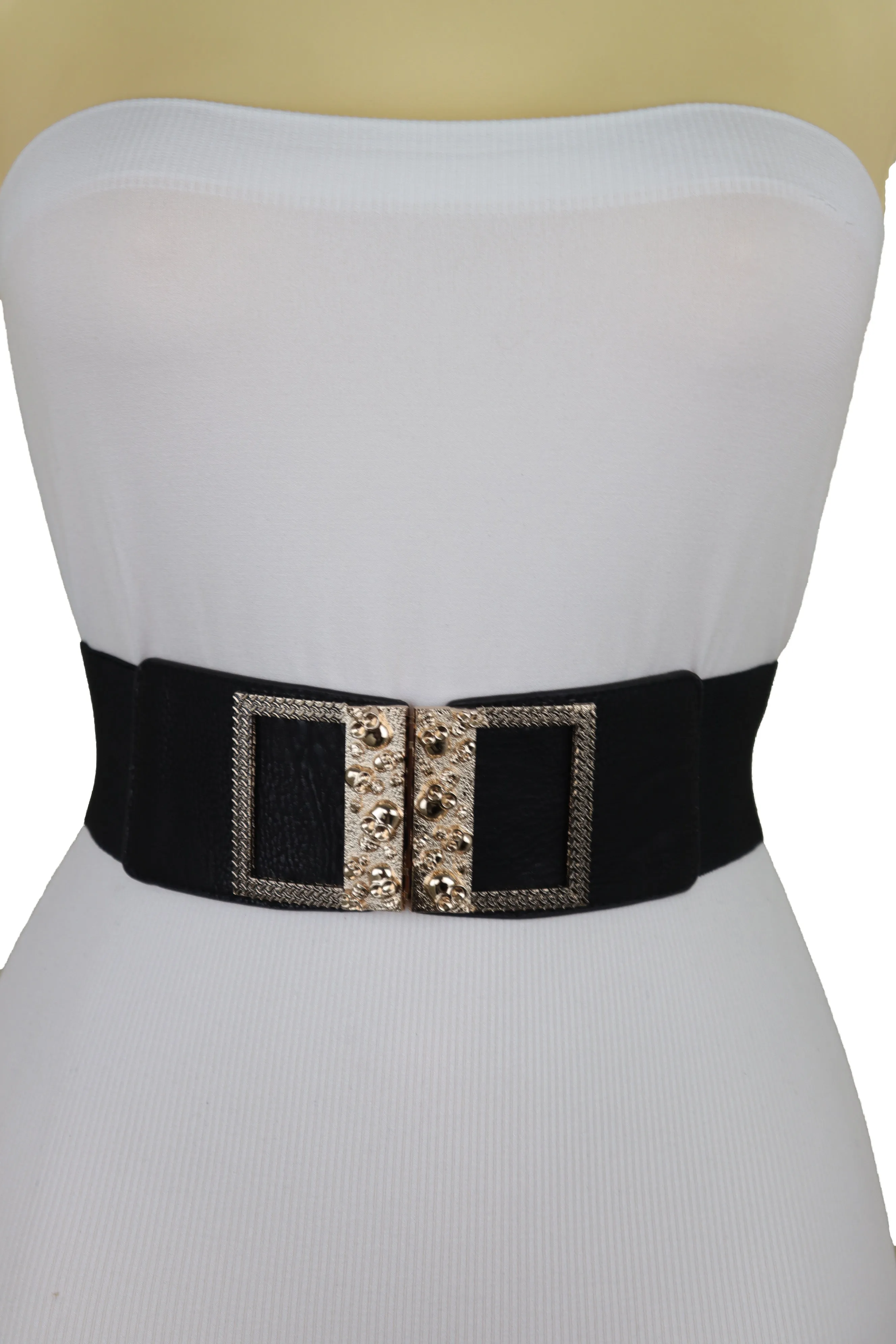 Wide Black Faux Leather Elastic Band Belt Gold Metal Skulls Buckle Fit S M
