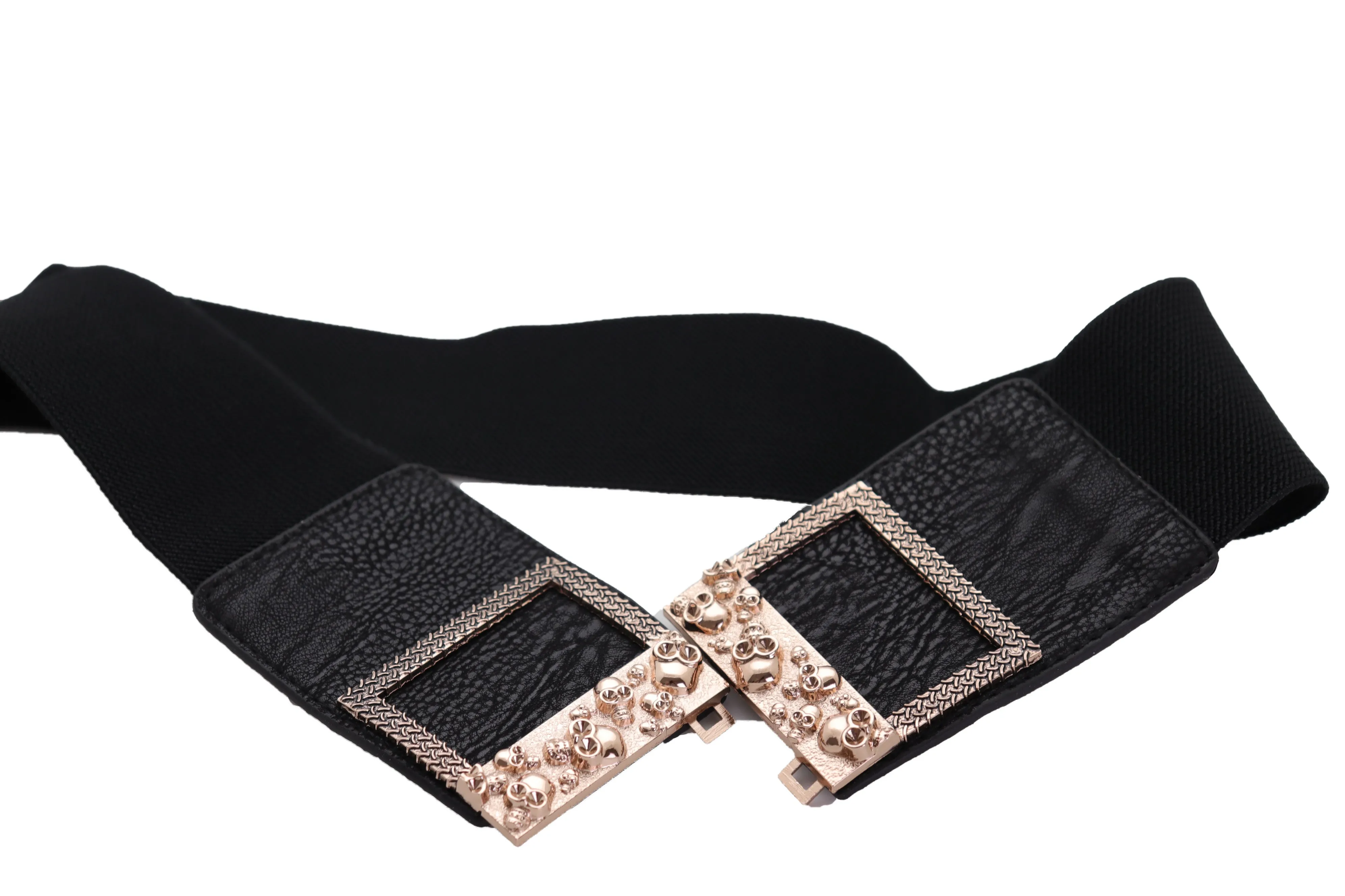 Wide Black Faux Leather Elastic Band Belt Gold Metal Skulls Buckle Fit S M