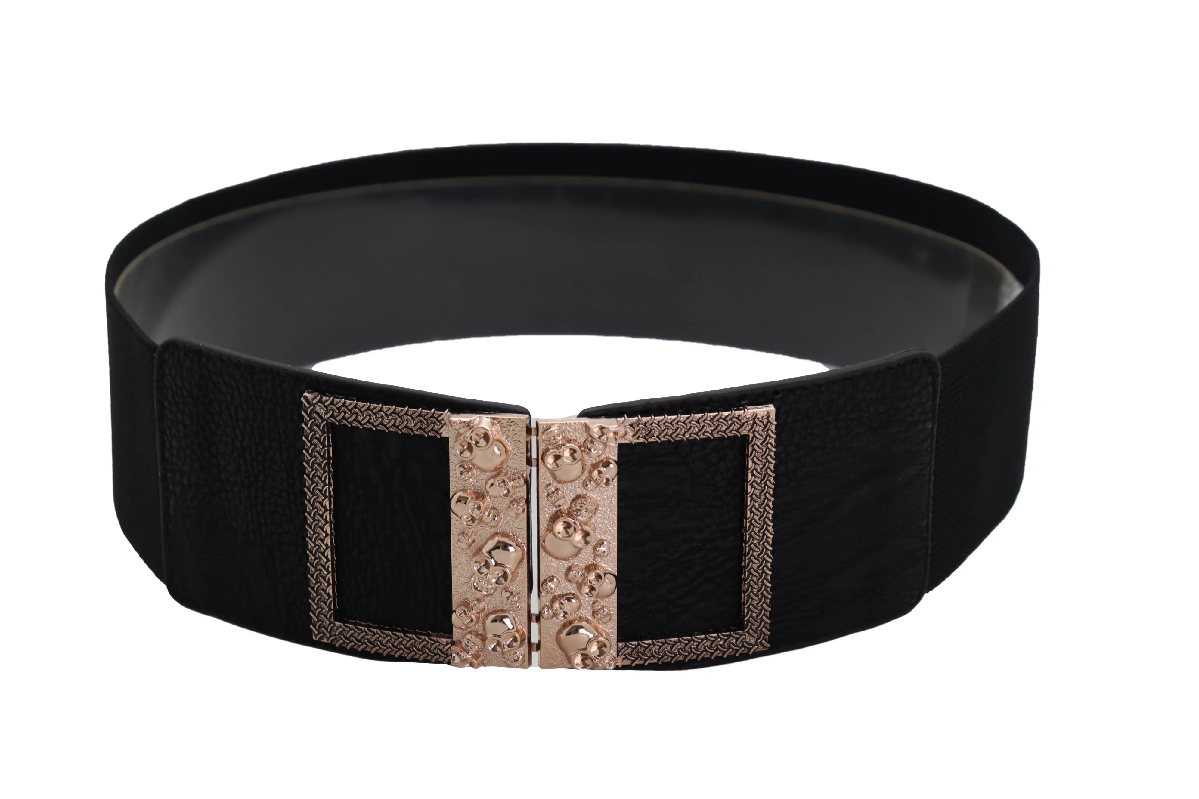 Wide Black Faux Leather Elastic Band Belt Gold Metal Skulls Buckle Fit S M