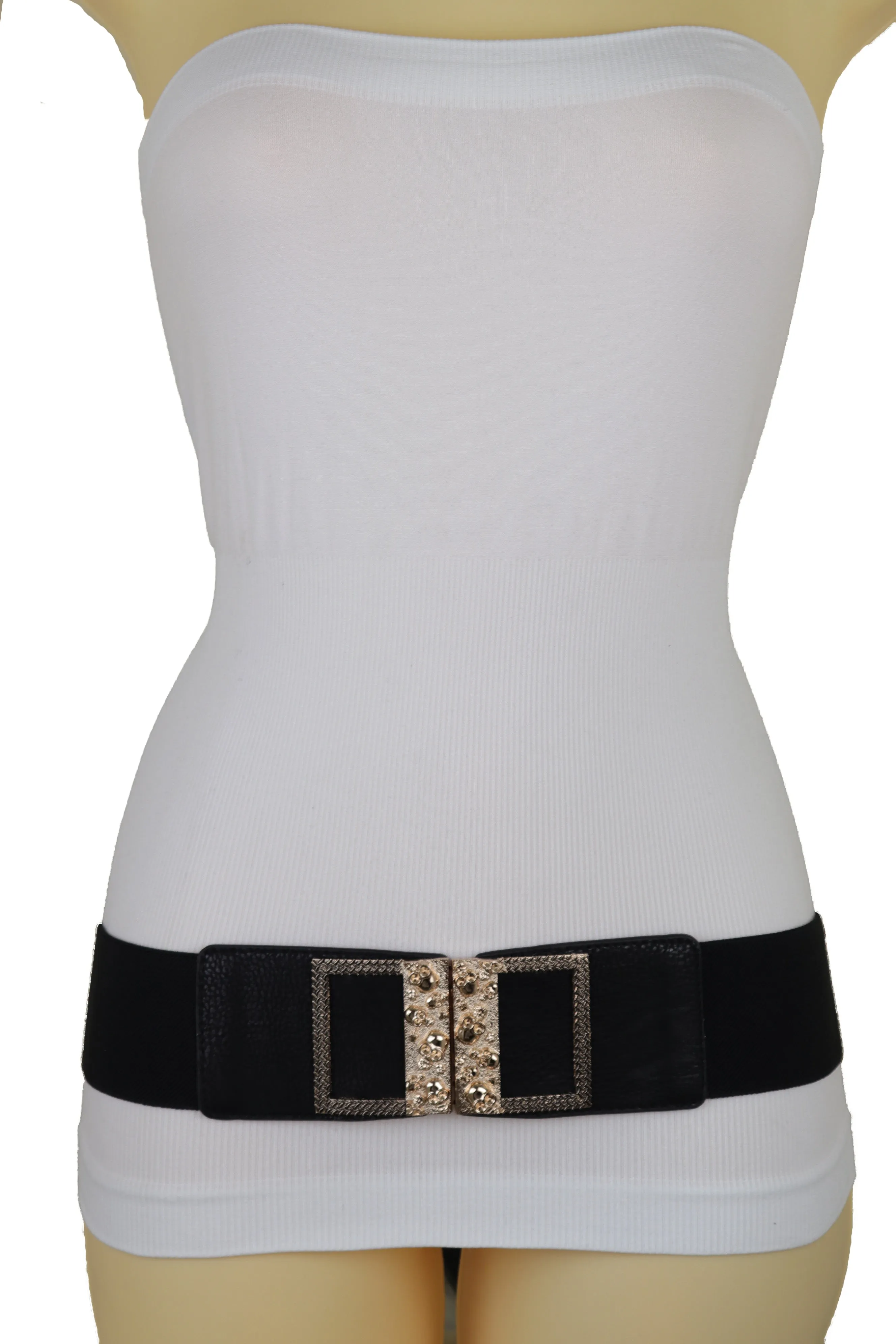 Wide Black Faux Leather Elastic Band Belt Gold Metal Skulls Buckle Fit S M