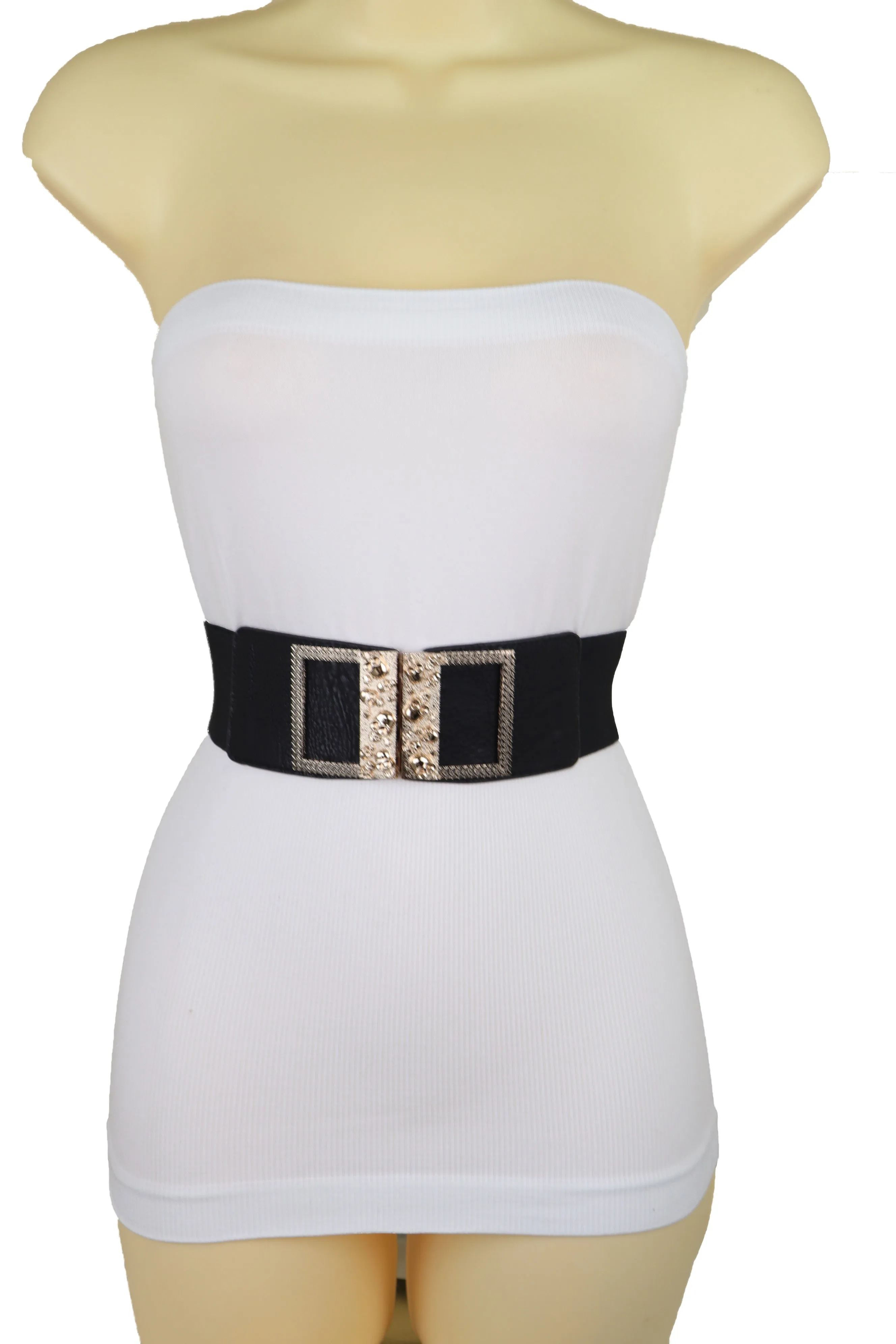 Wide Black Faux Leather Elastic Band Belt Gold Metal Skulls Buckle Fit S M