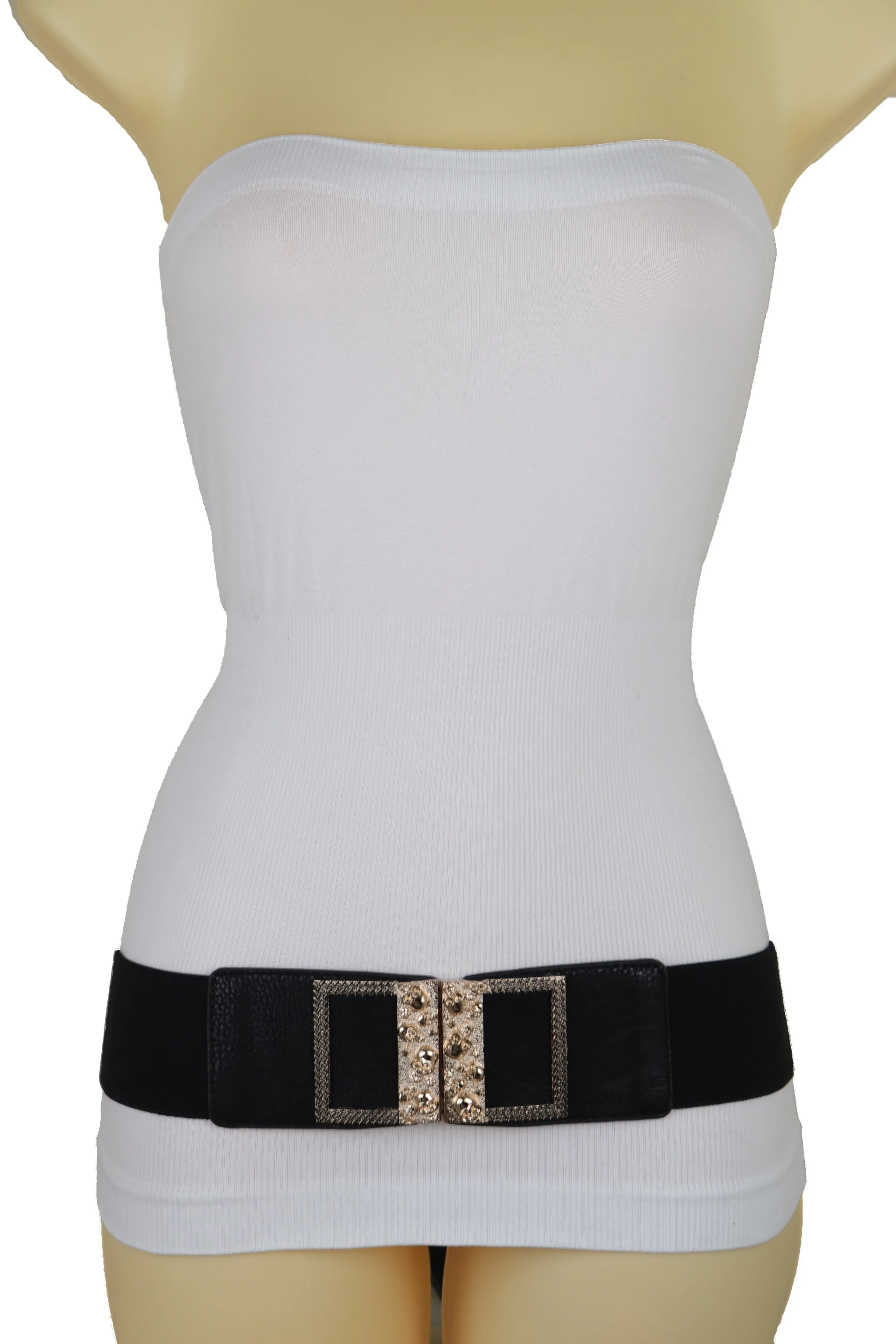Wide Black Faux Leather Elastic Band Belt Gold Metal Skulls Buckle Fit S M