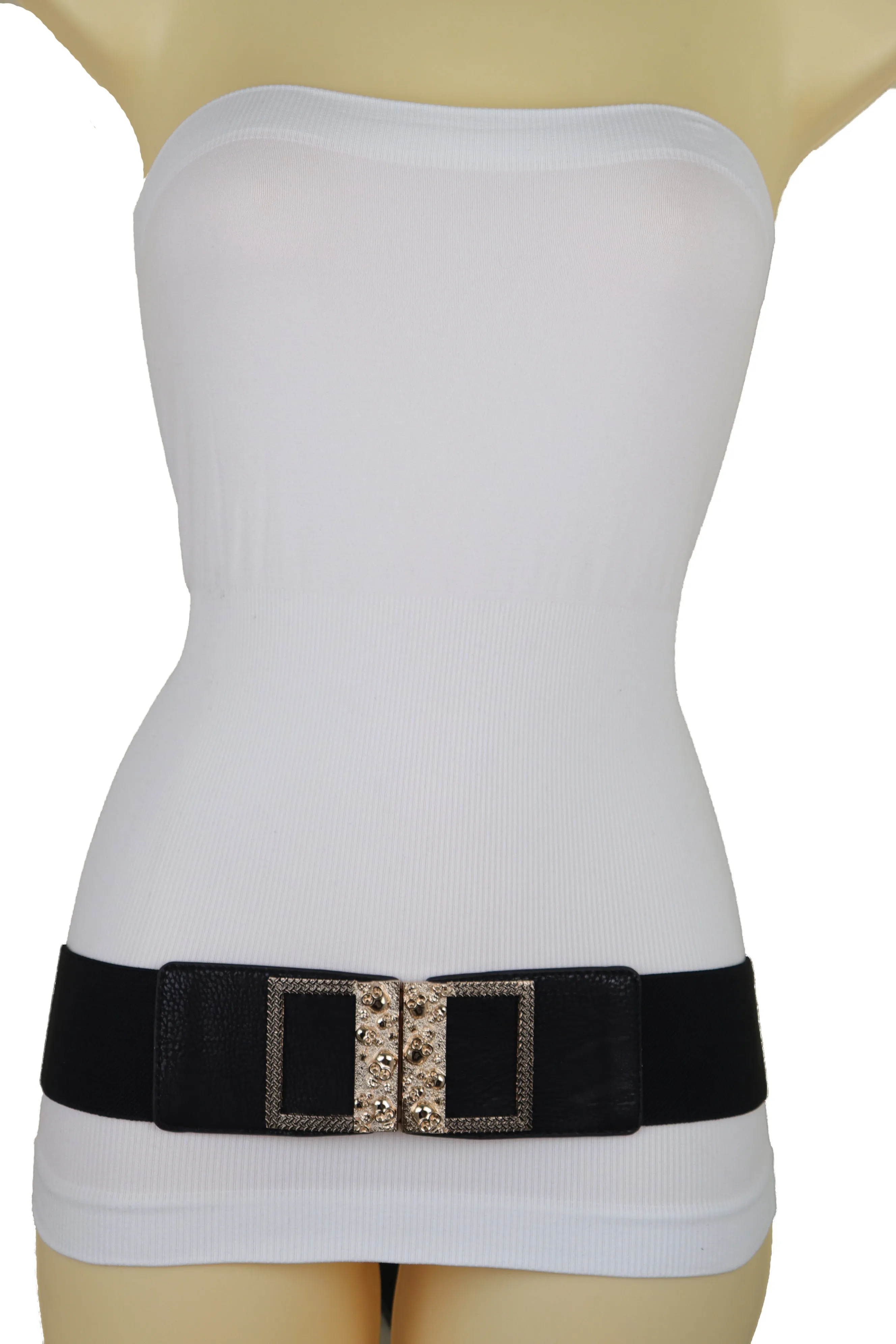 Wide Black Faux Leather Elastic Band Belt Gold Metal Skulls Buckle Fit S M