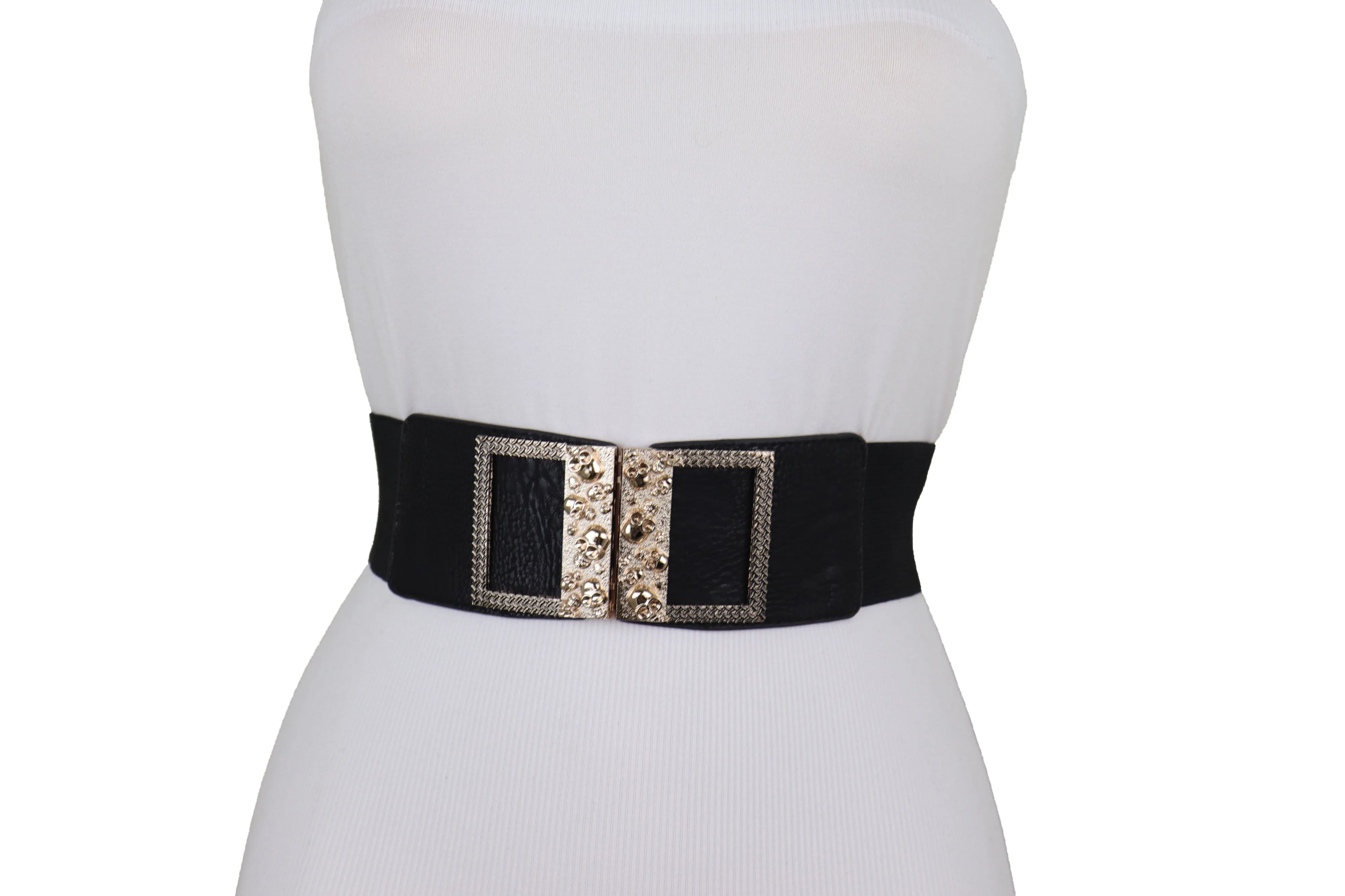 Wide Black Faux Leather Elastic Band Belt Gold Metal Skulls Buckle Fit S M
