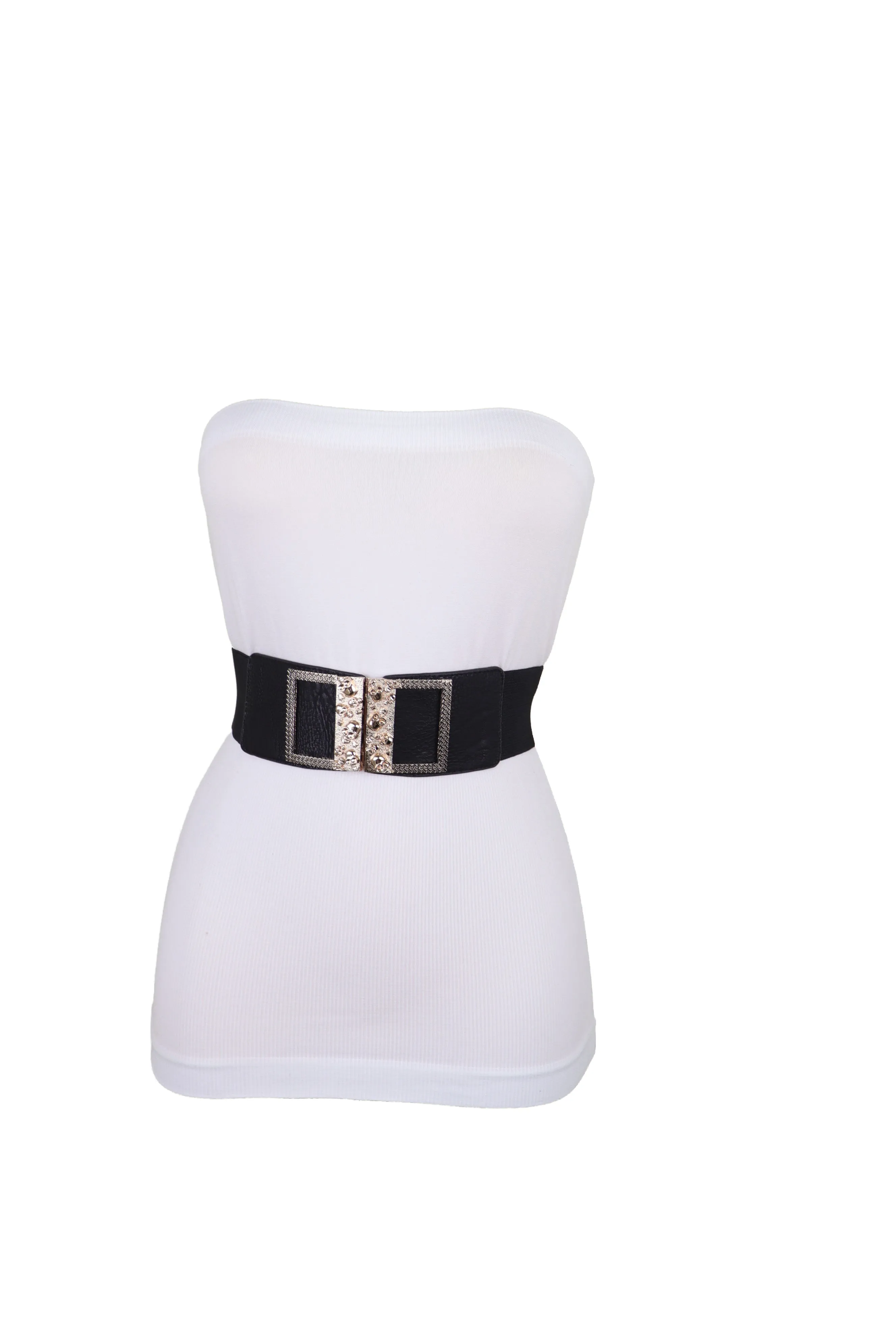 Wide Black Faux Leather Elastic Band Belt Gold Metal Skulls Buckle Fit S M