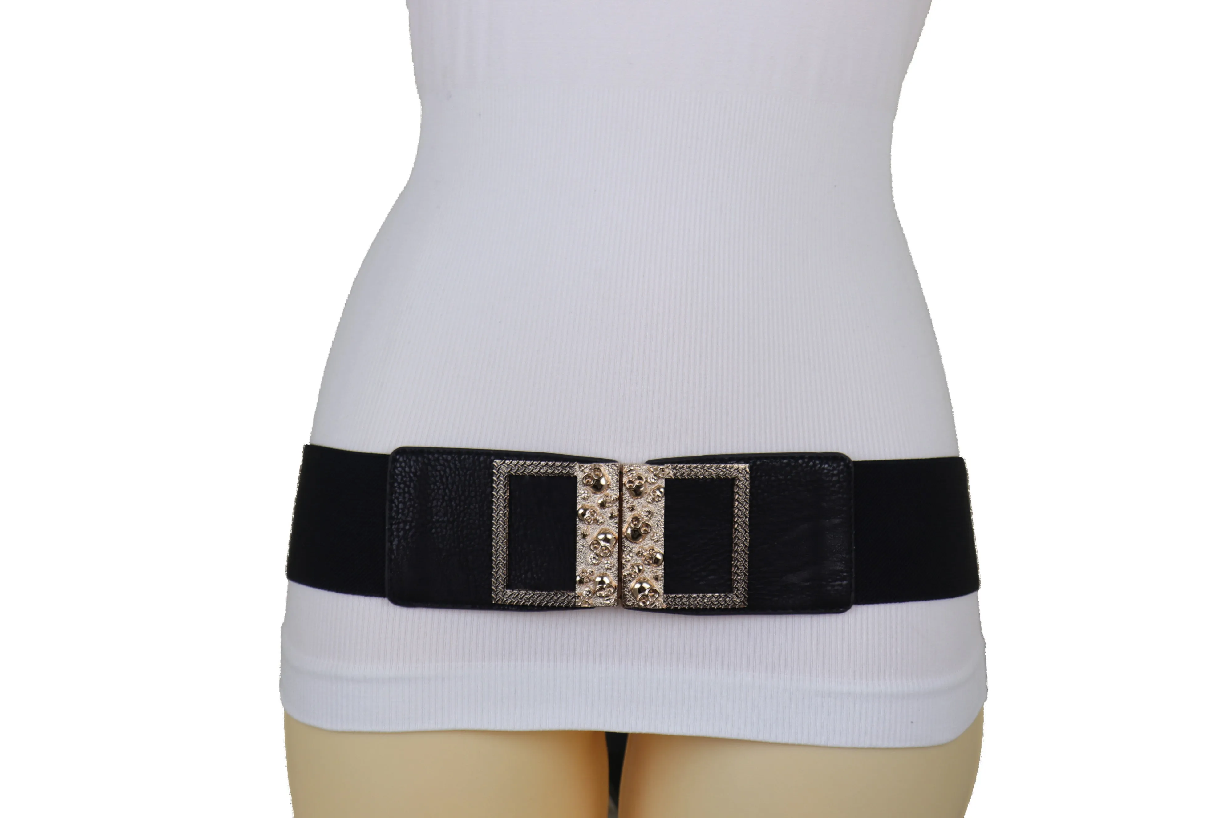 Wide Black Faux Leather Elastic Band Belt Gold Metal Skulls Buckle Fit S M