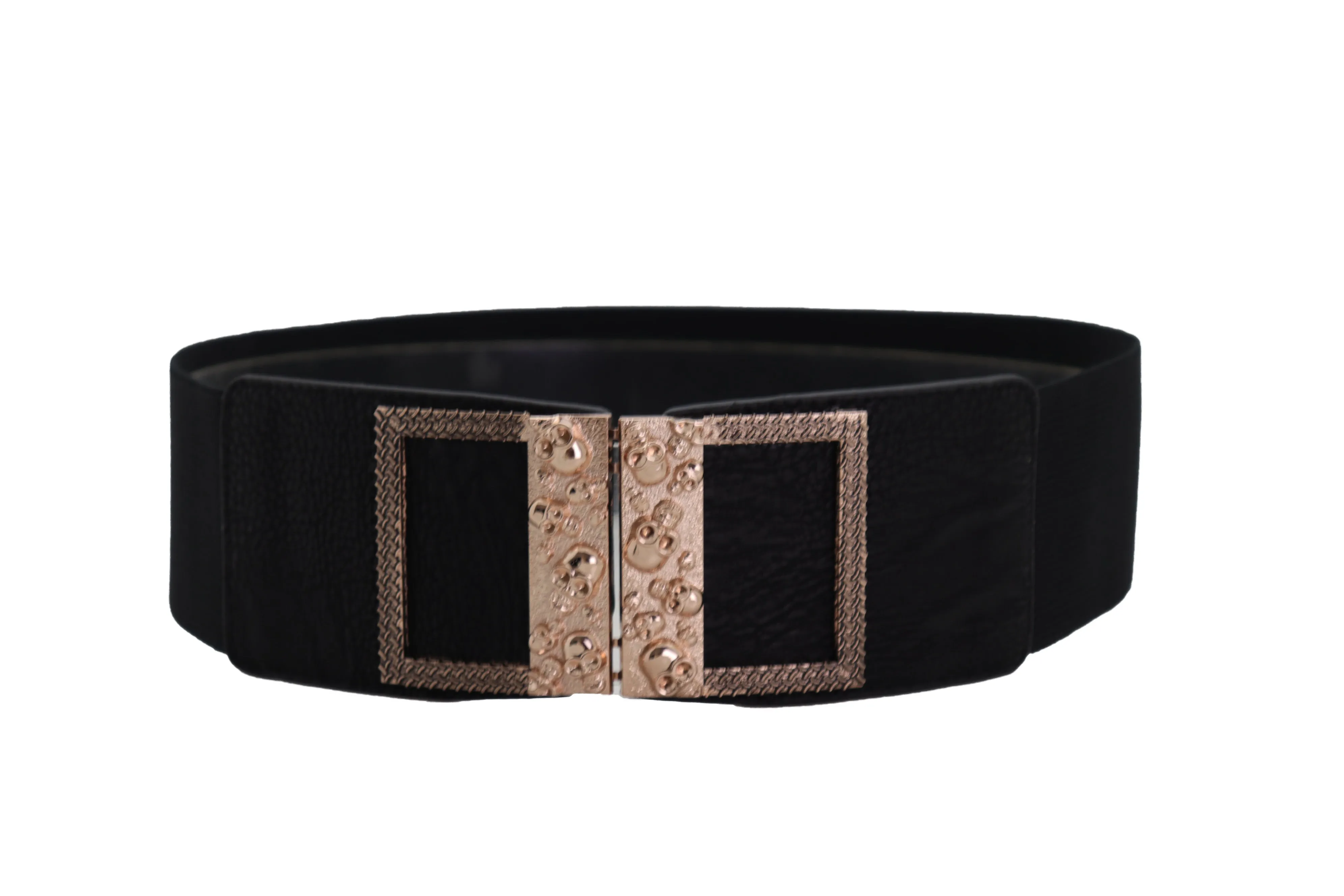 Wide Black Faux Leather Elastic Band Belt Gold Metal Skulls Buckle Fit S M