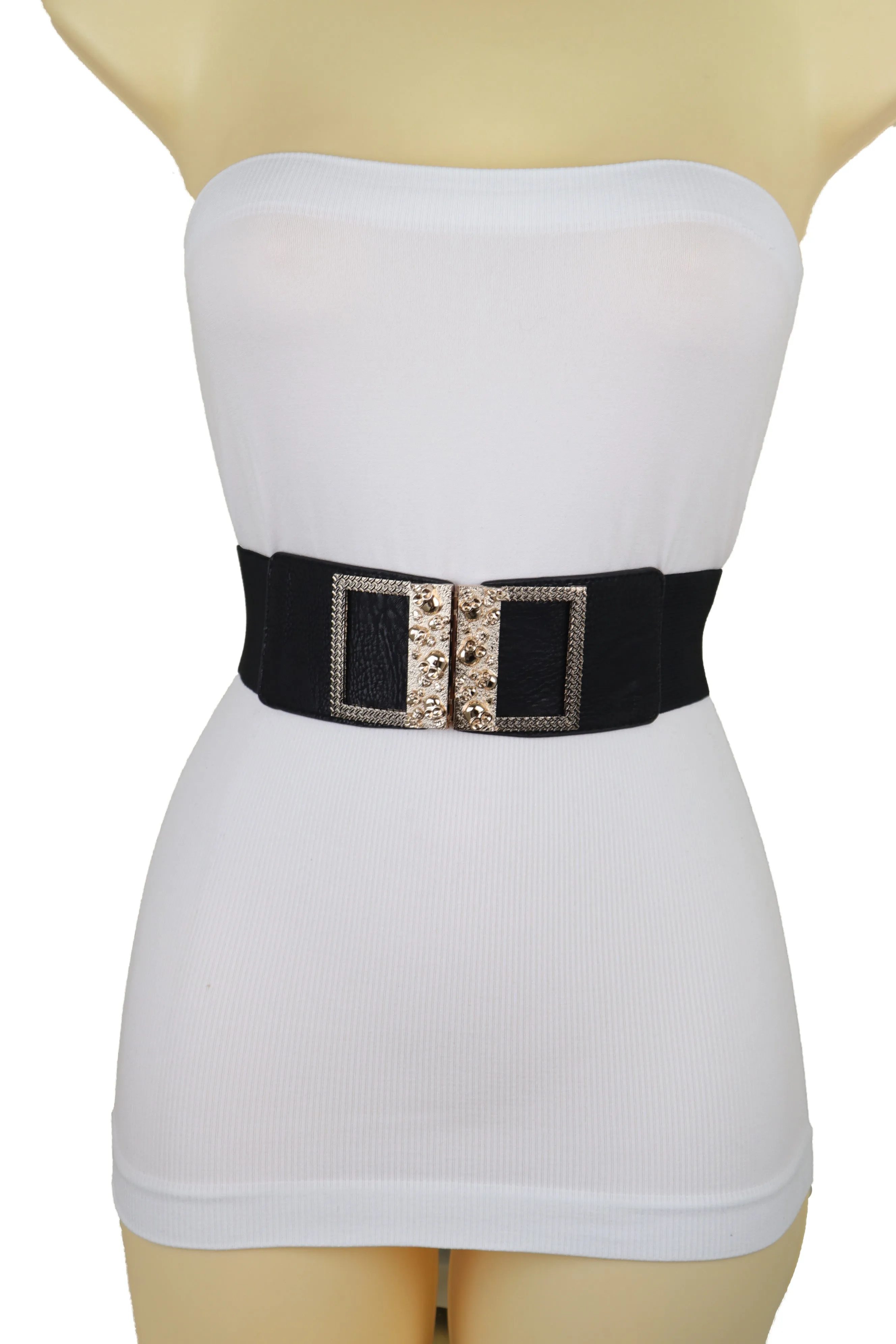 Wide Black Faux Leather Elastic Band Belt Gold Metal Skulls Buckle Fit S M