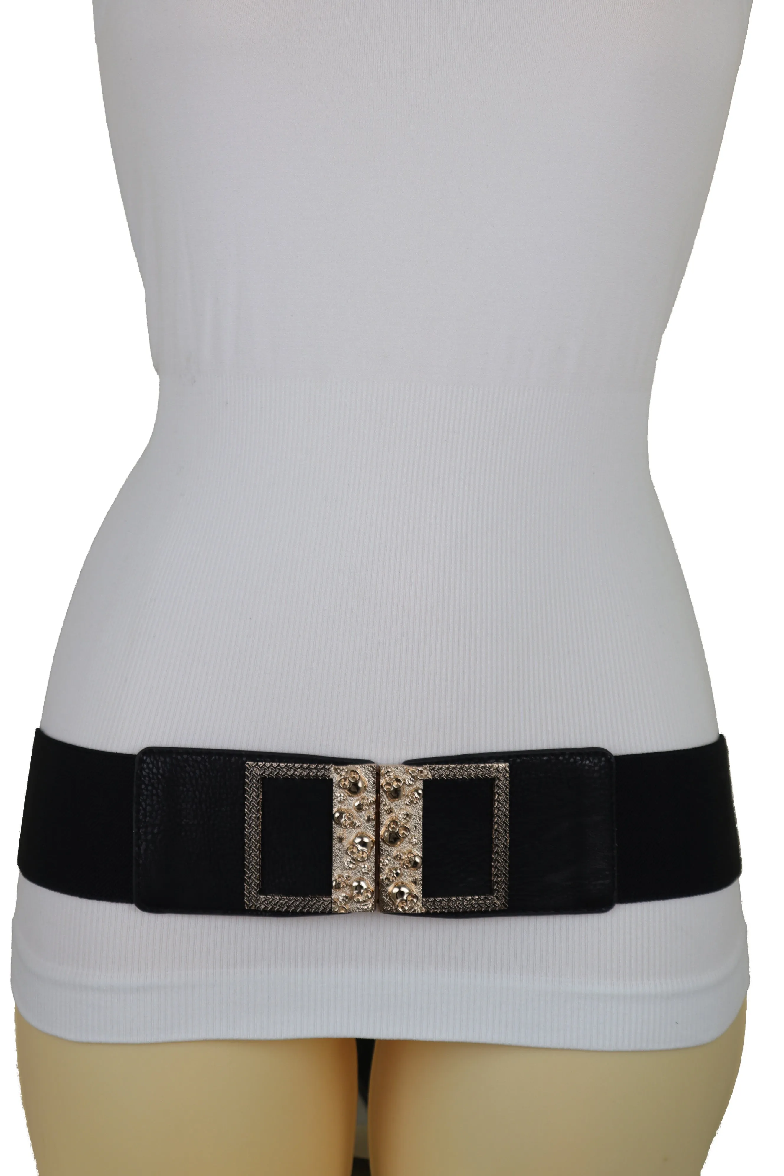 Wide Black Faux Leather Elastic Band Belt Gold Metal Skulls Buckle Fit S M