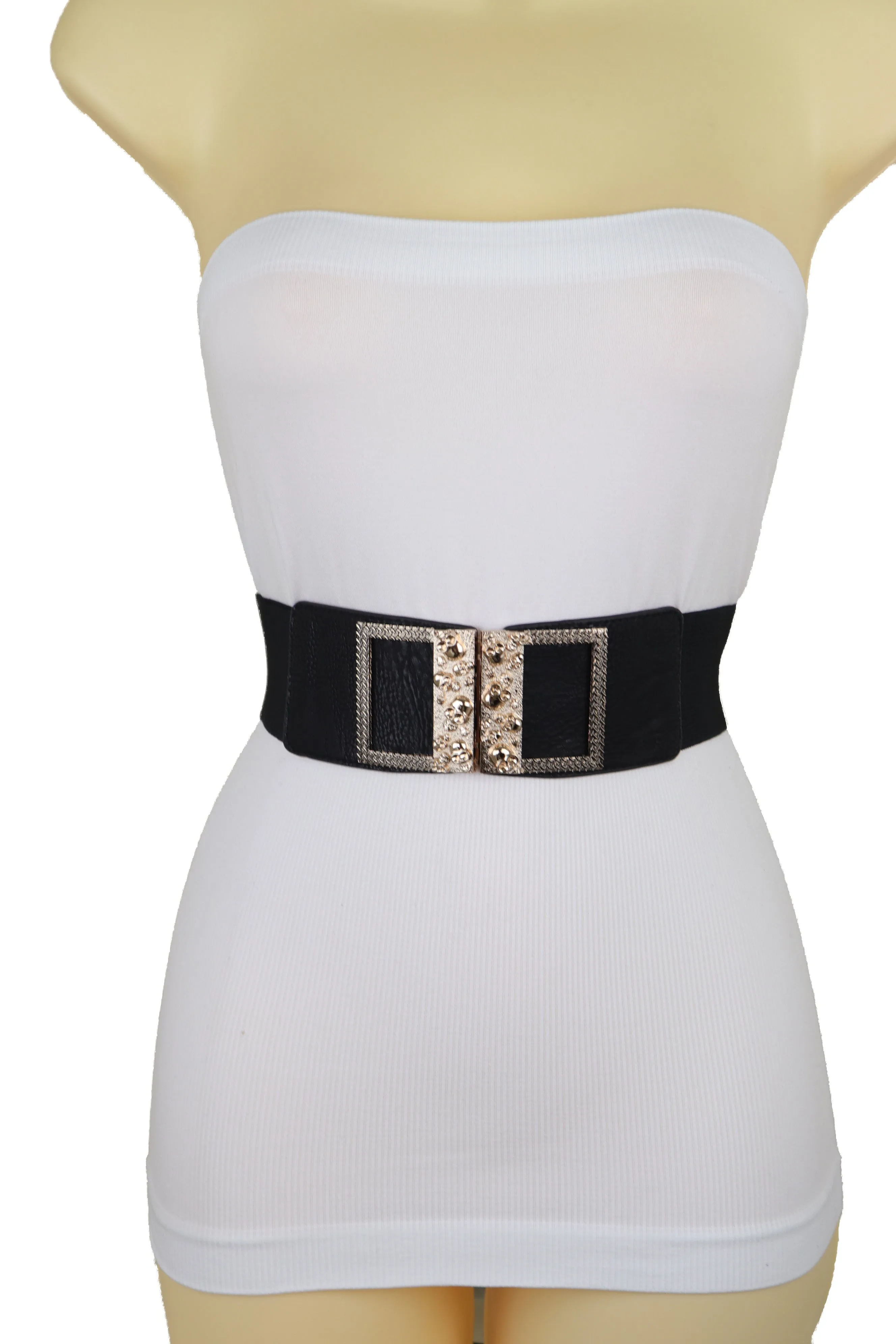 Wide Black Faux Leather Elastic Band Belt Gold Metal Skulls Buckle Fit S M