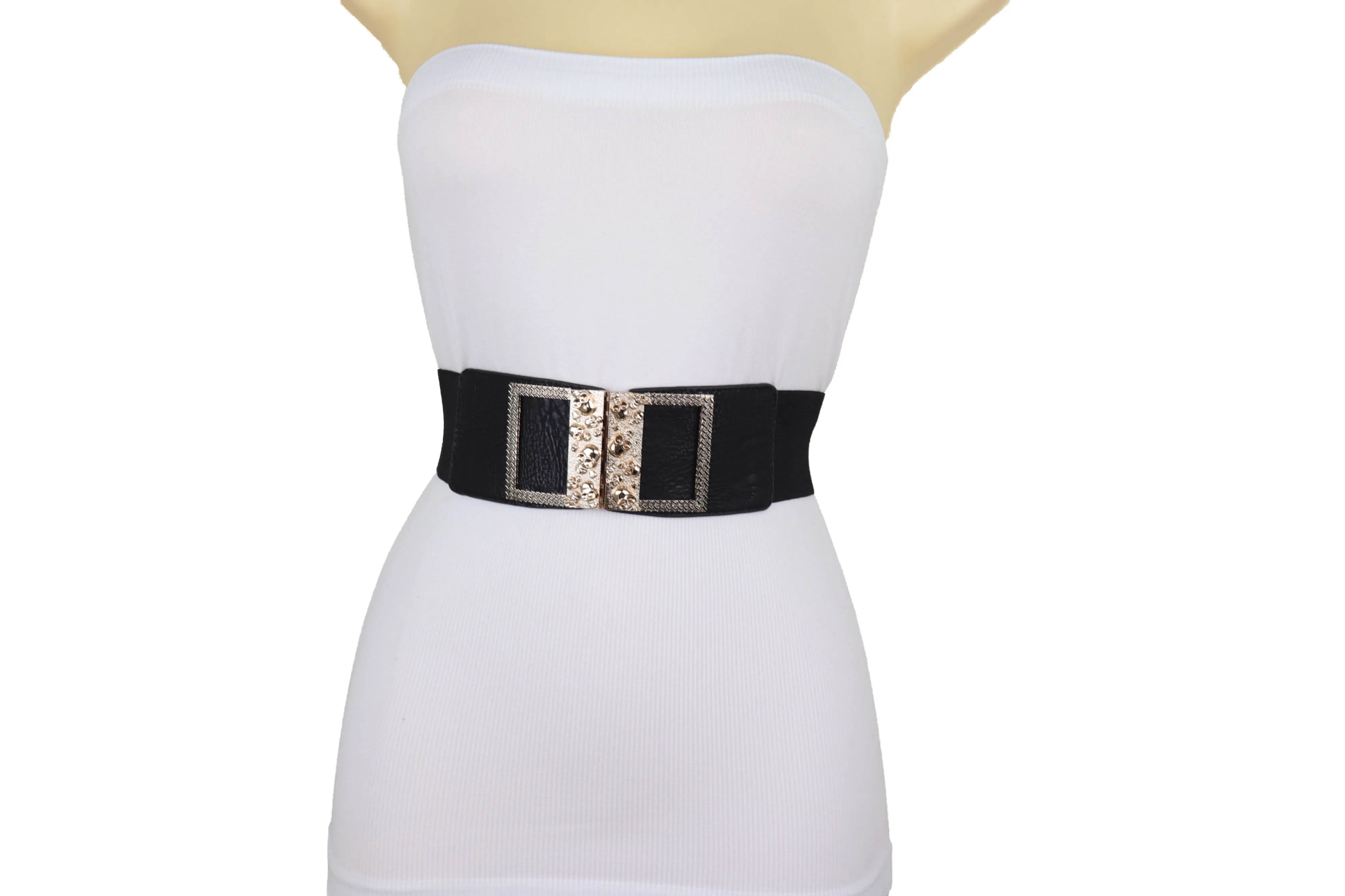 Wide Black Faux Leather Elastic Band Belt Gold Metal Skulls Buckle Fit S M
