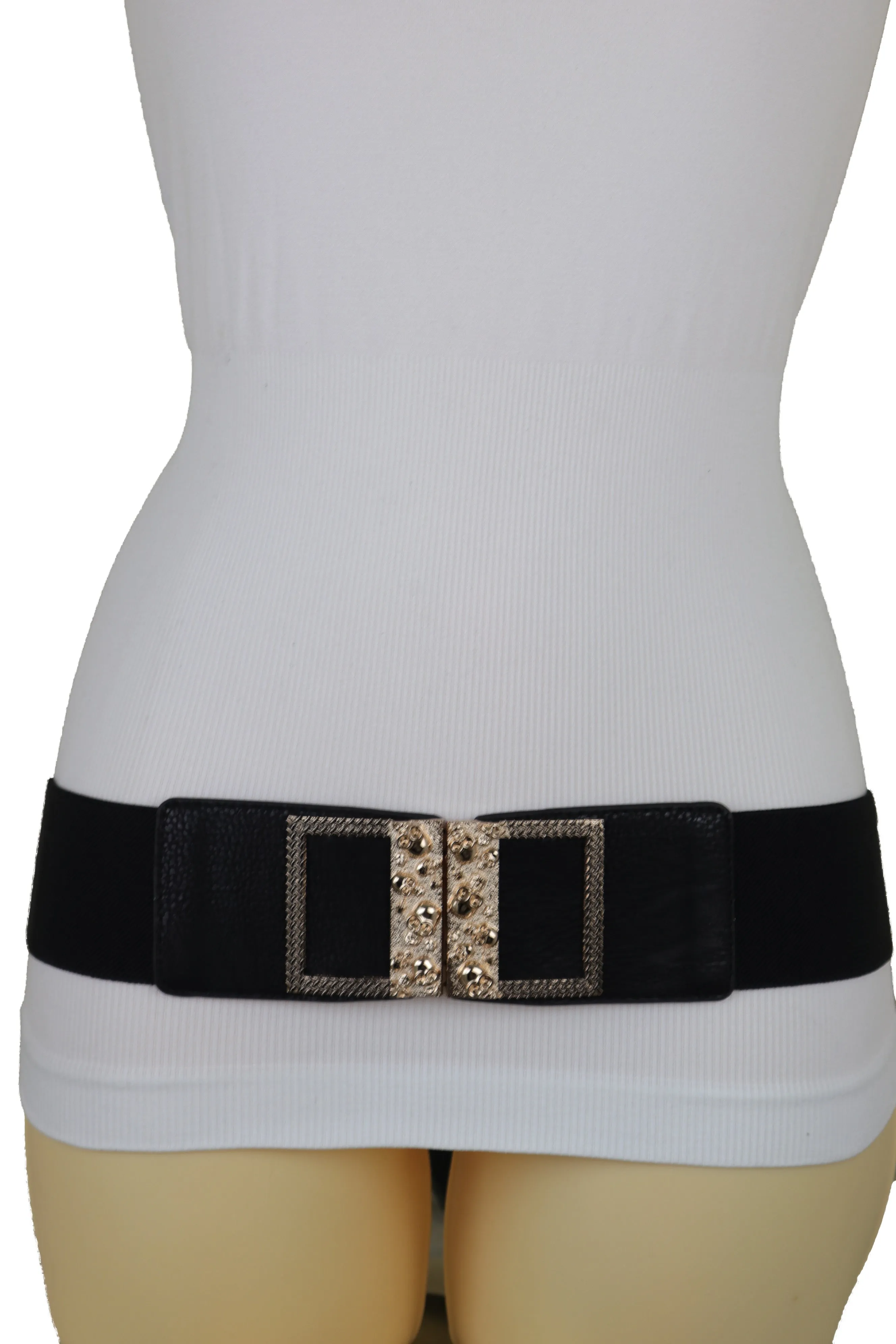 Wide Black Faux Leather Elastic Band Belt Gold Metal Skulls Buckle Fit S M