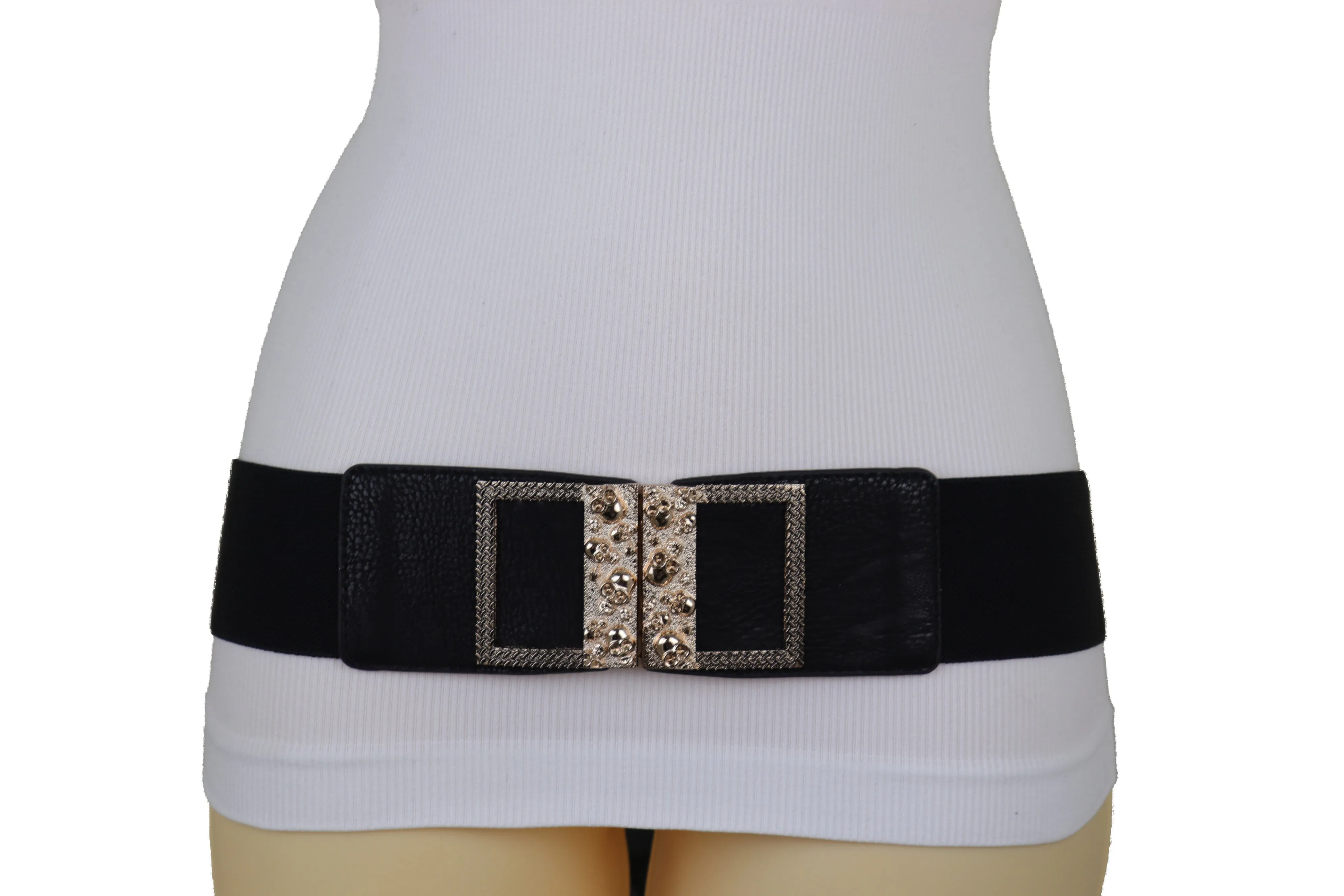 Wide Black Faux Leather Elastic Band Belt Gold Metal Skulls Buckle Fit S M