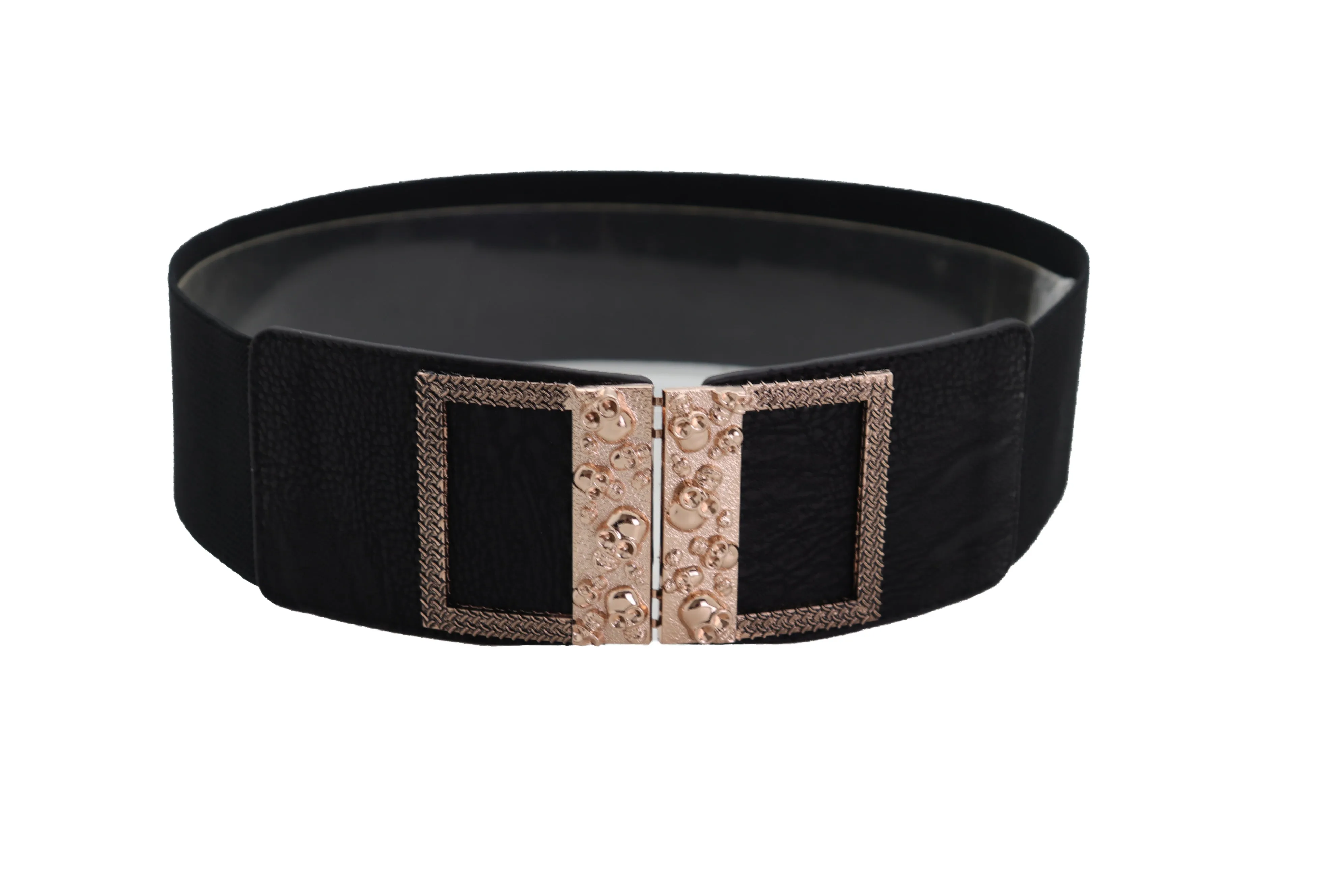 Wide Black Faux Leather Elastic Band Belt Gold Metal Skulls Buckle Fit S M