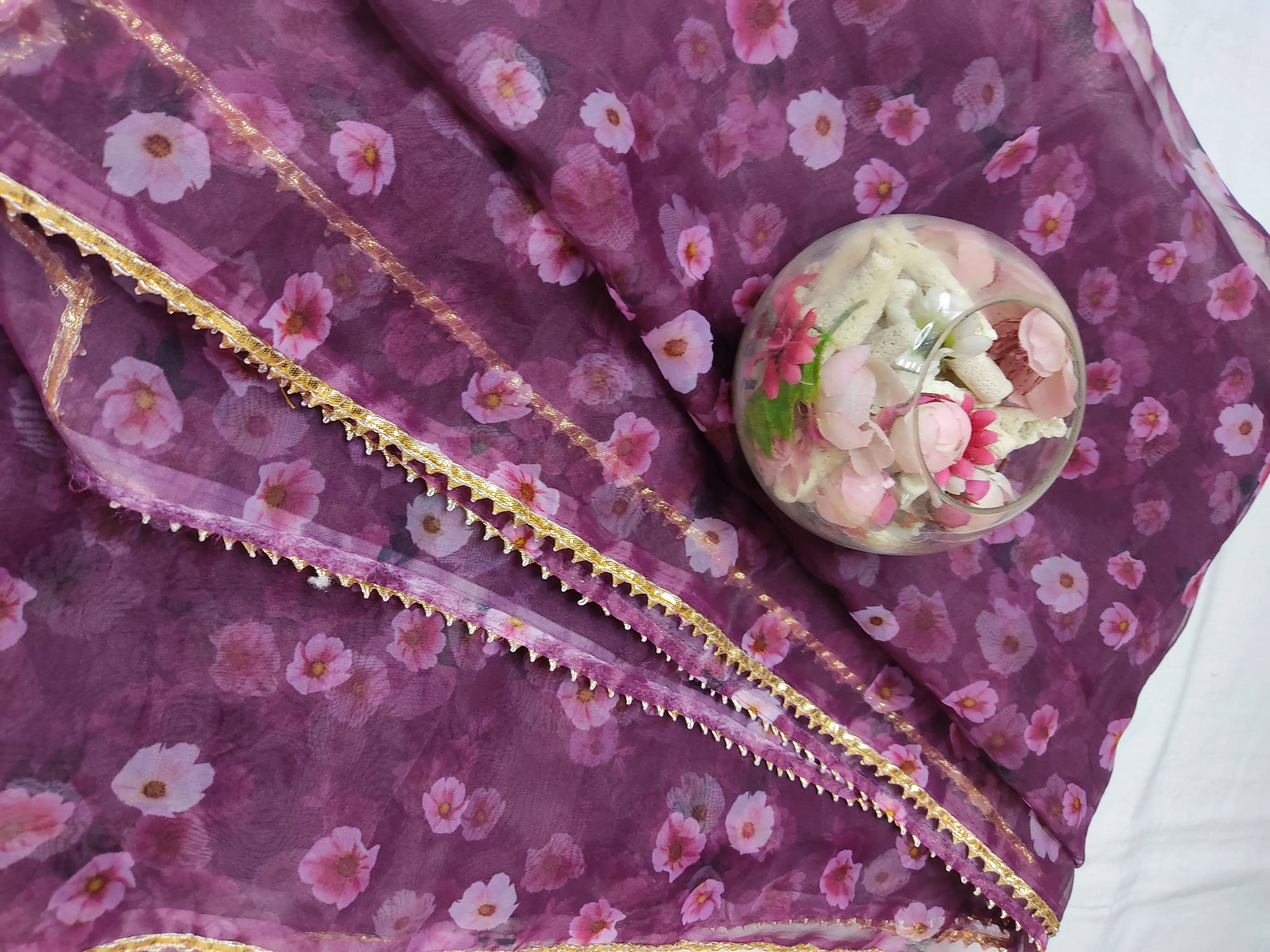 Wine Floral Organza Dupatta