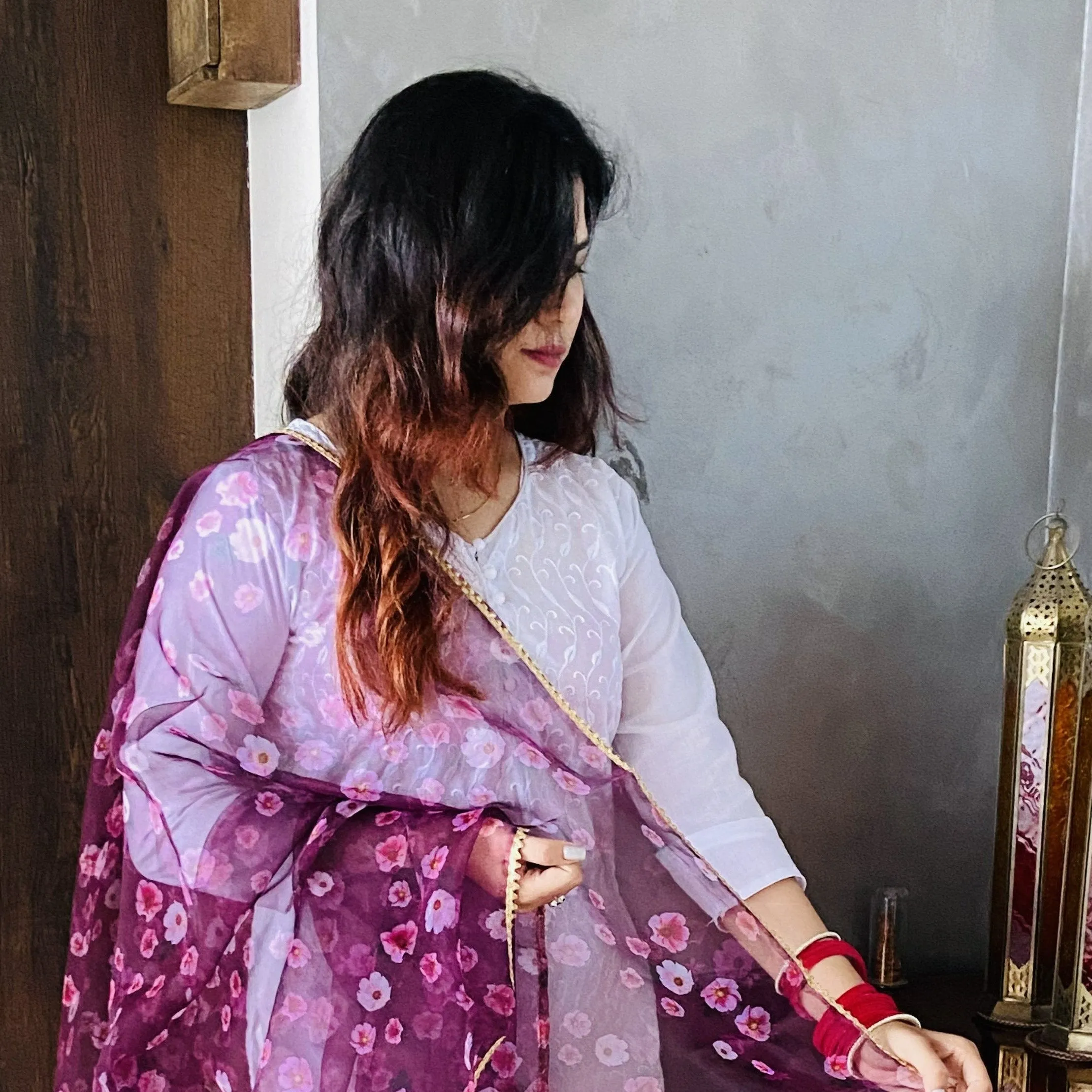 Wine Floral Organza Dupatta