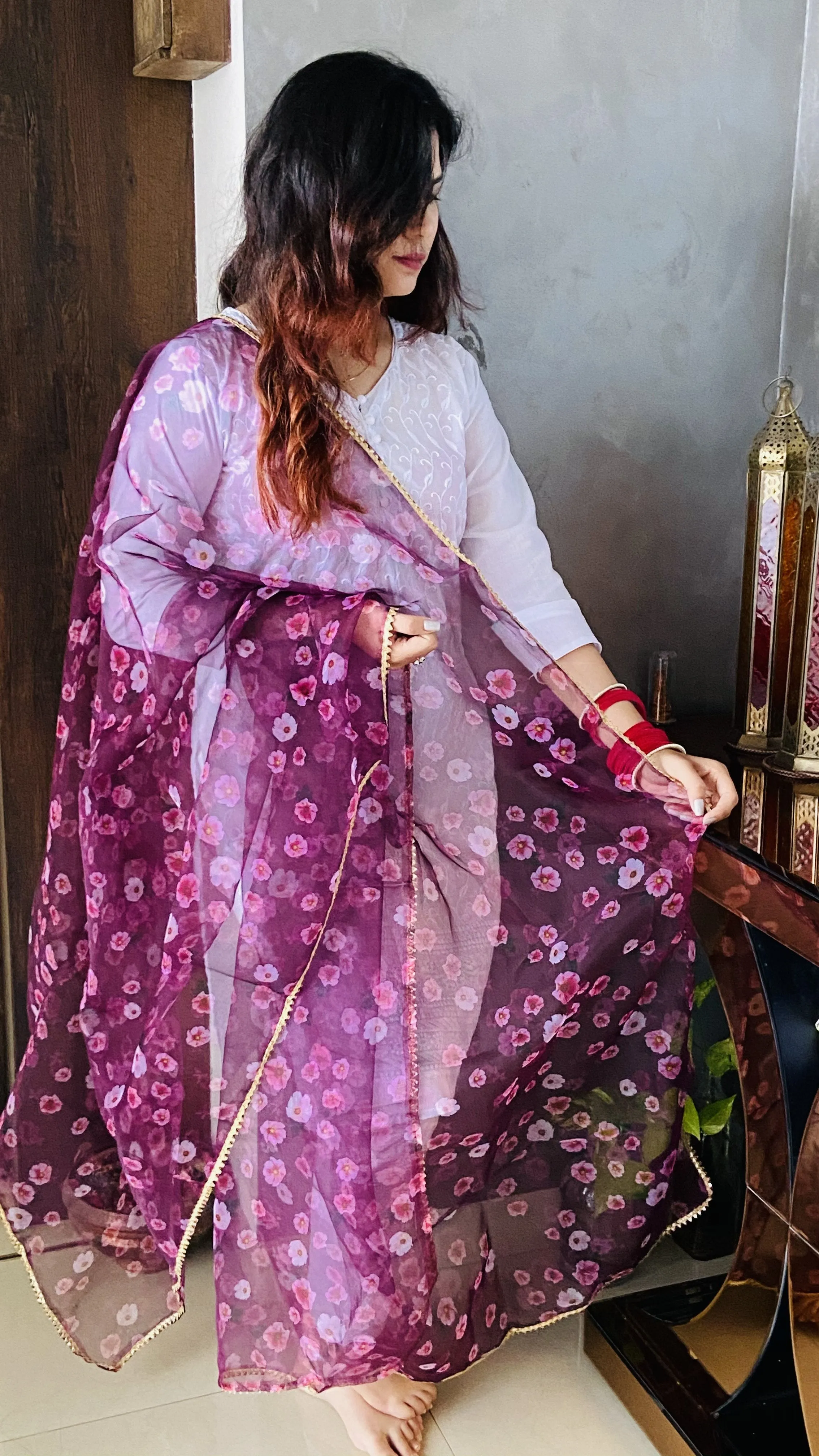 Wine Floral Organza Dupatta