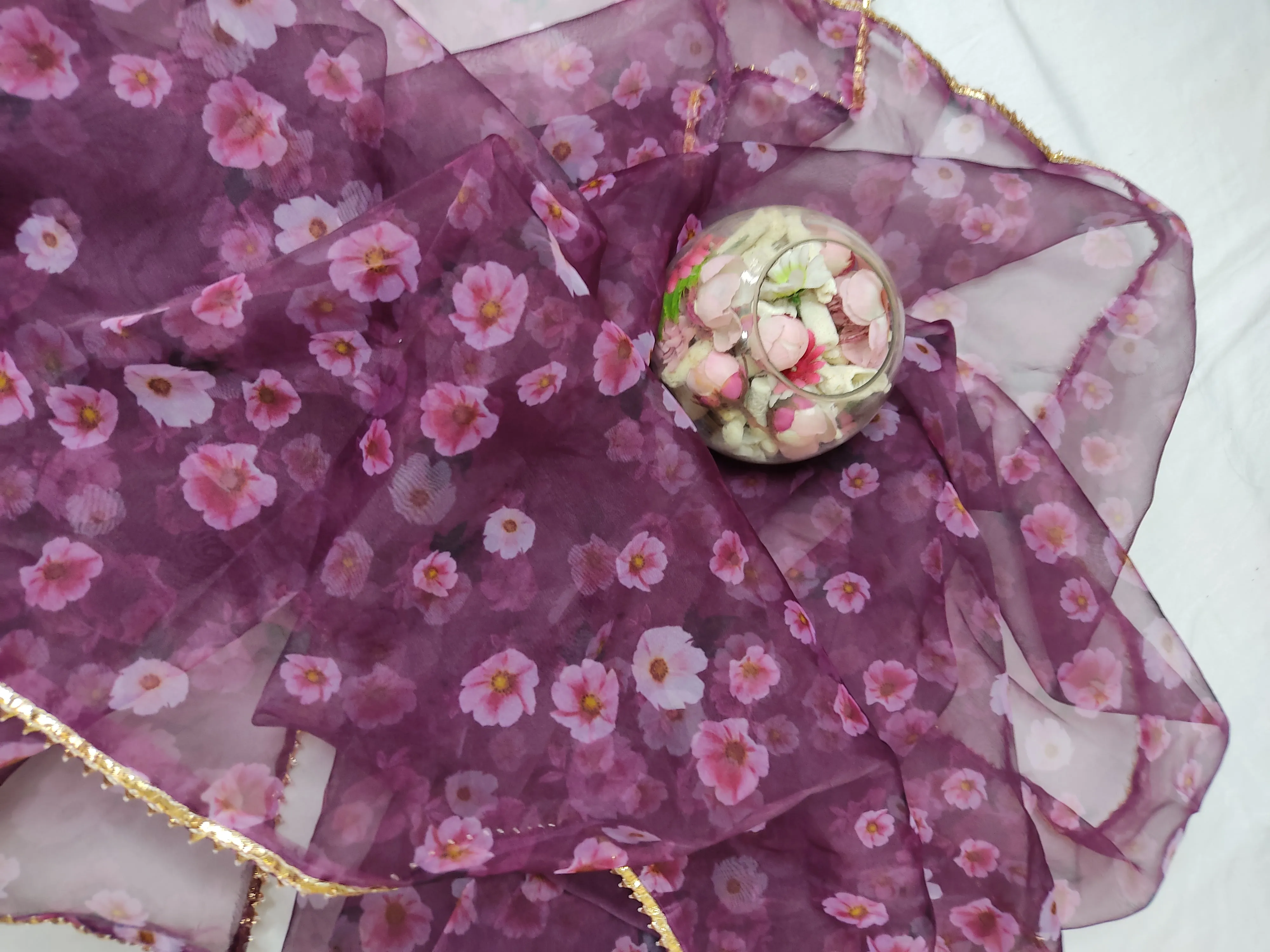Wine Floral Organza Dupatta