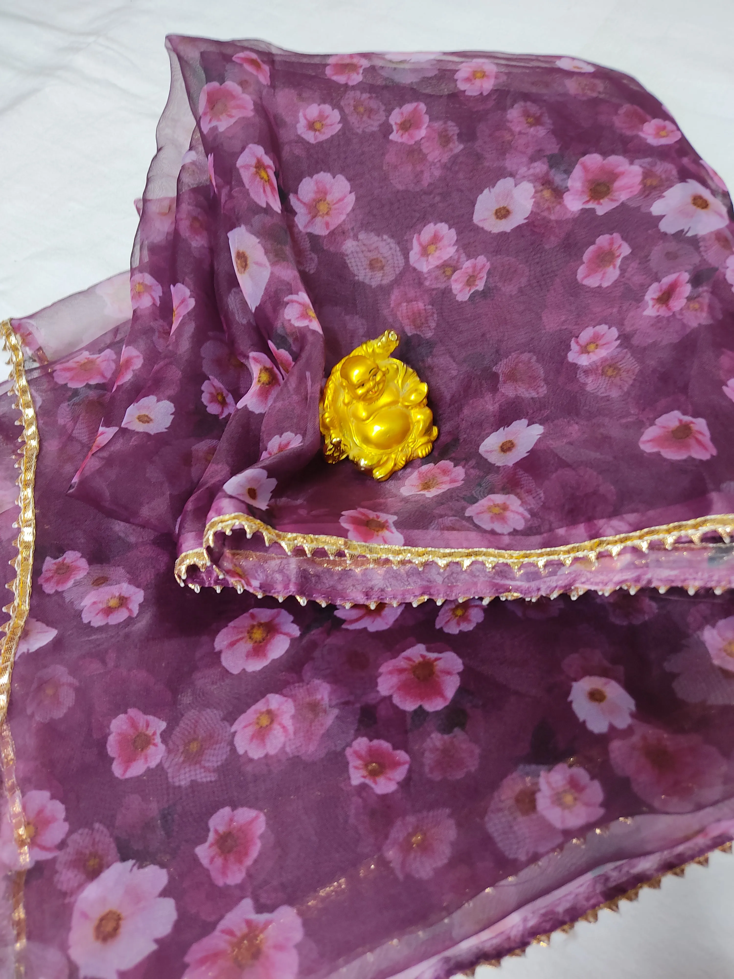 Wine Floral Organza Dupatta