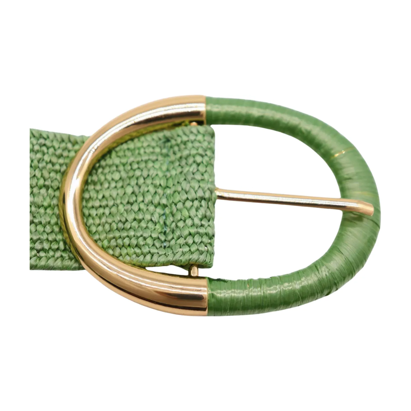 Women Green Braided Elastic Fashion Belt Gold Metal Oval Buckle Size S M L