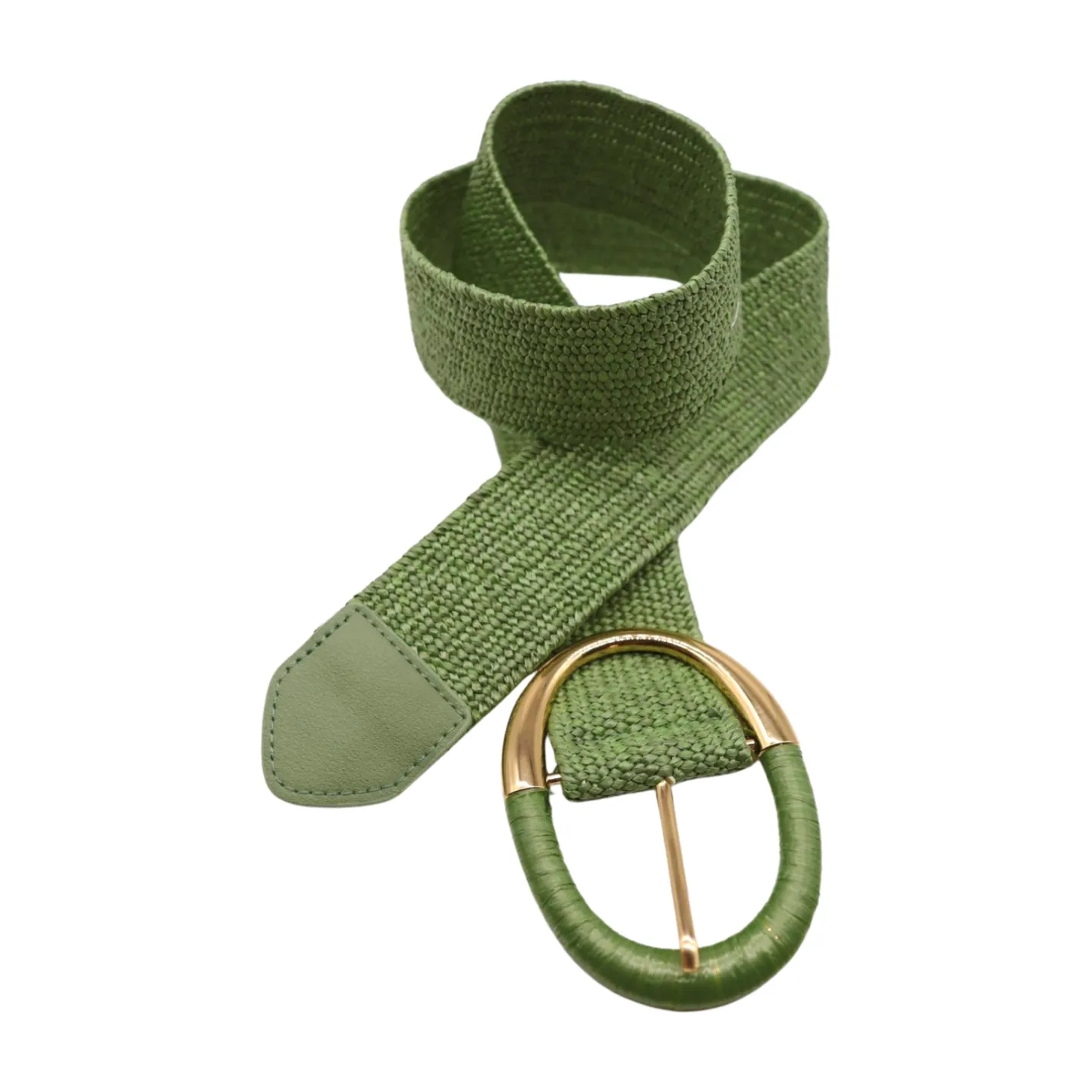 Women Green Braided Elastic Fashion Belt Gold Metal Oval Buckle Size S M L