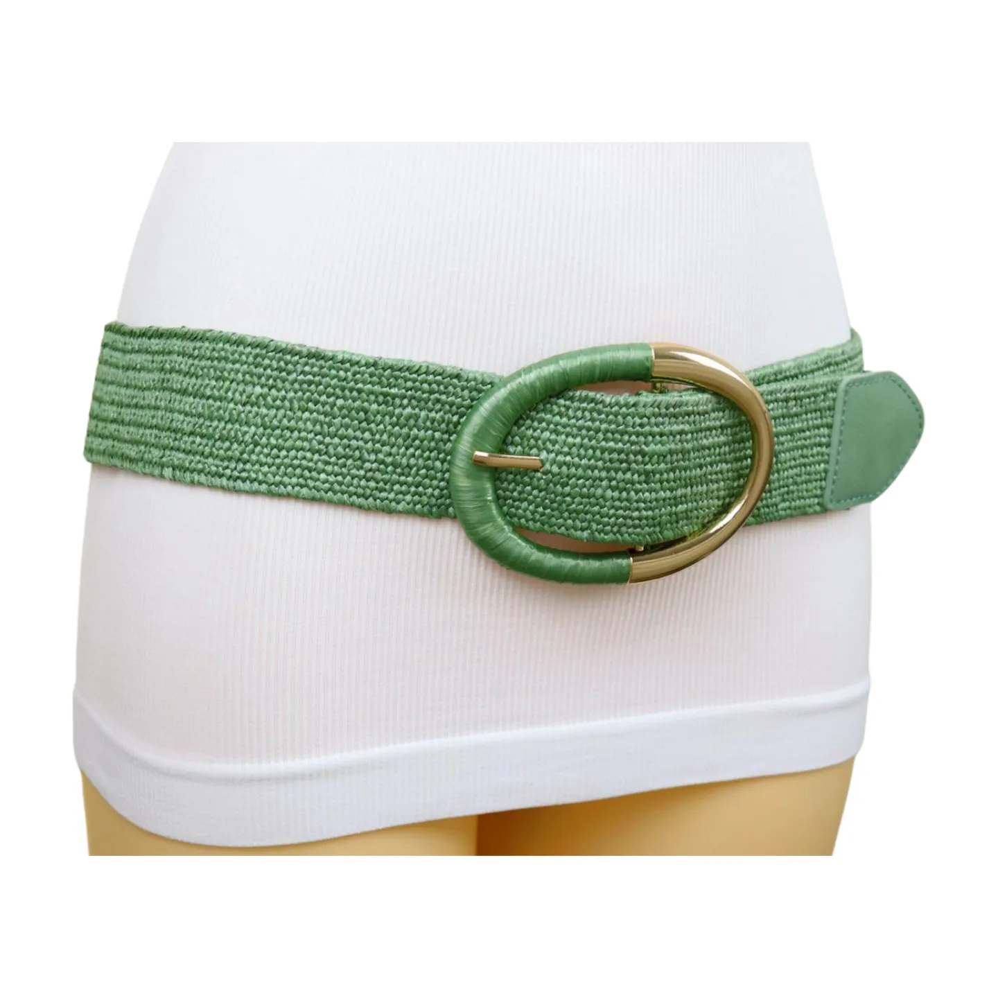 Women Green Braided Elastic Fashion Belt Gold Metal Oval Buckle Size S M L