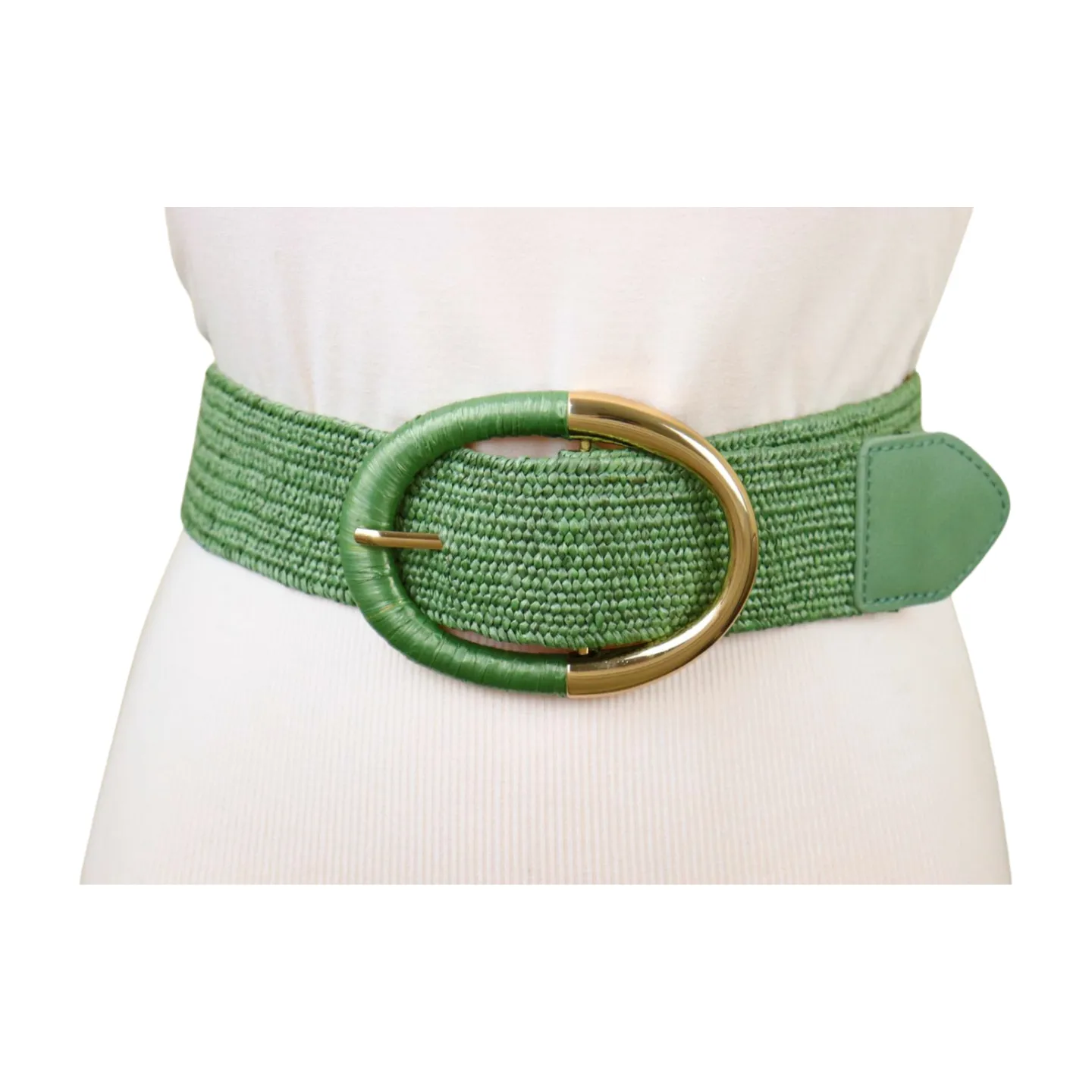 Women Green Braided Elastic Fashion Belt Gold Metal Oval Buckle Size S M L