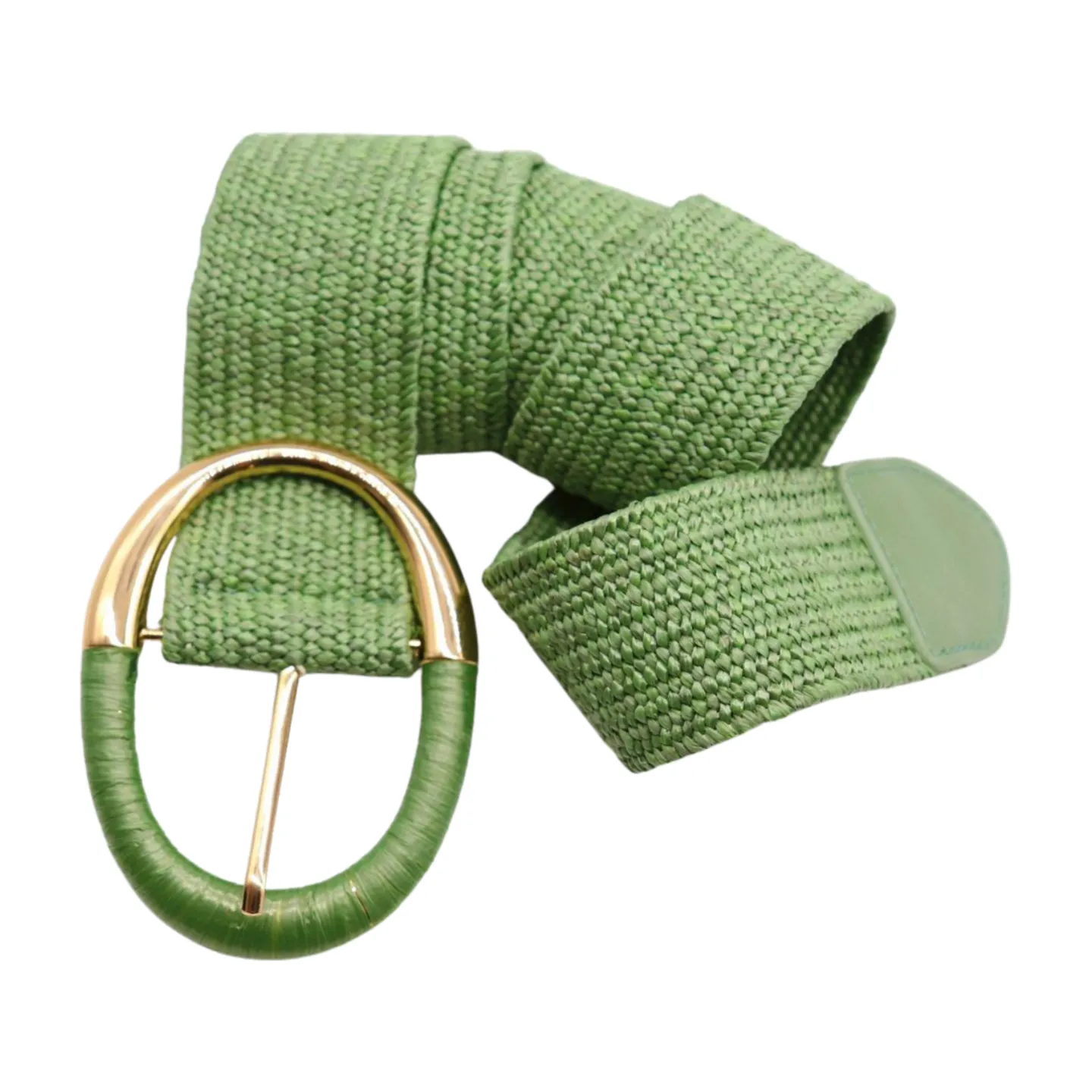 Women Green Braided Elastic Fashion Belt Gold Metal Oval Buckle Size S M L
