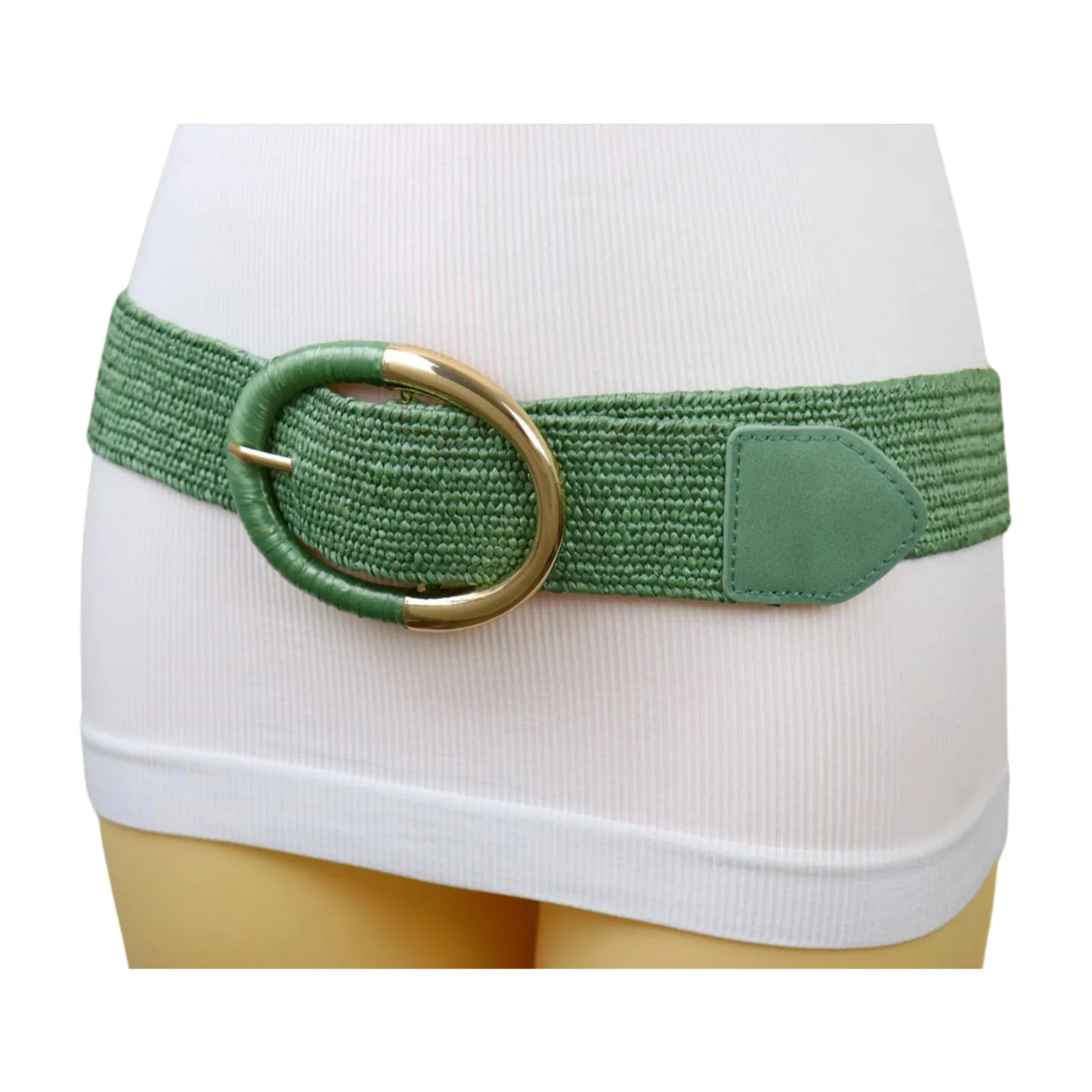 Women Green Braided Elastic Fashion Belt Gold Metal Oval Buckle Size S M L