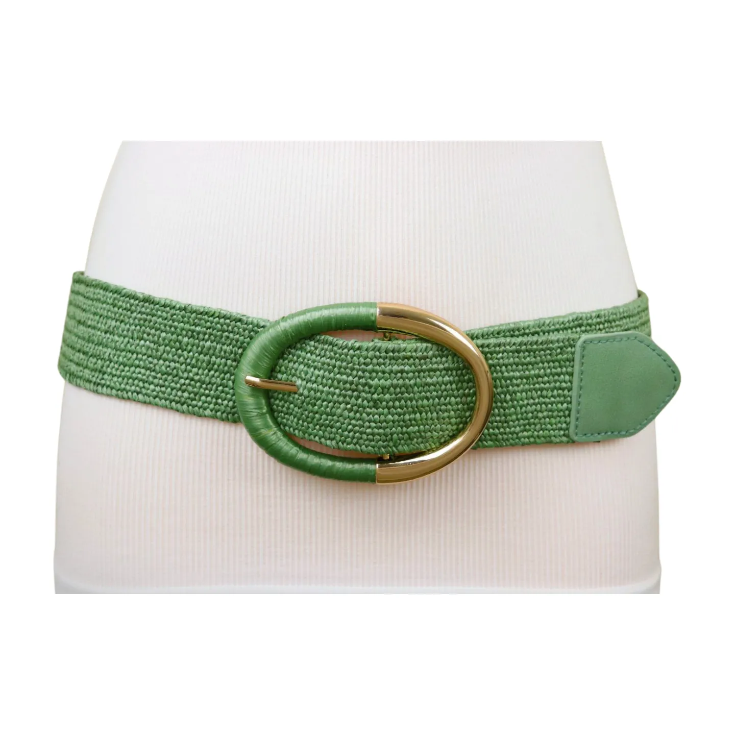 Women Green Braided Elastic Fashion Belt Gold Metal Oval Buckle Size S M L