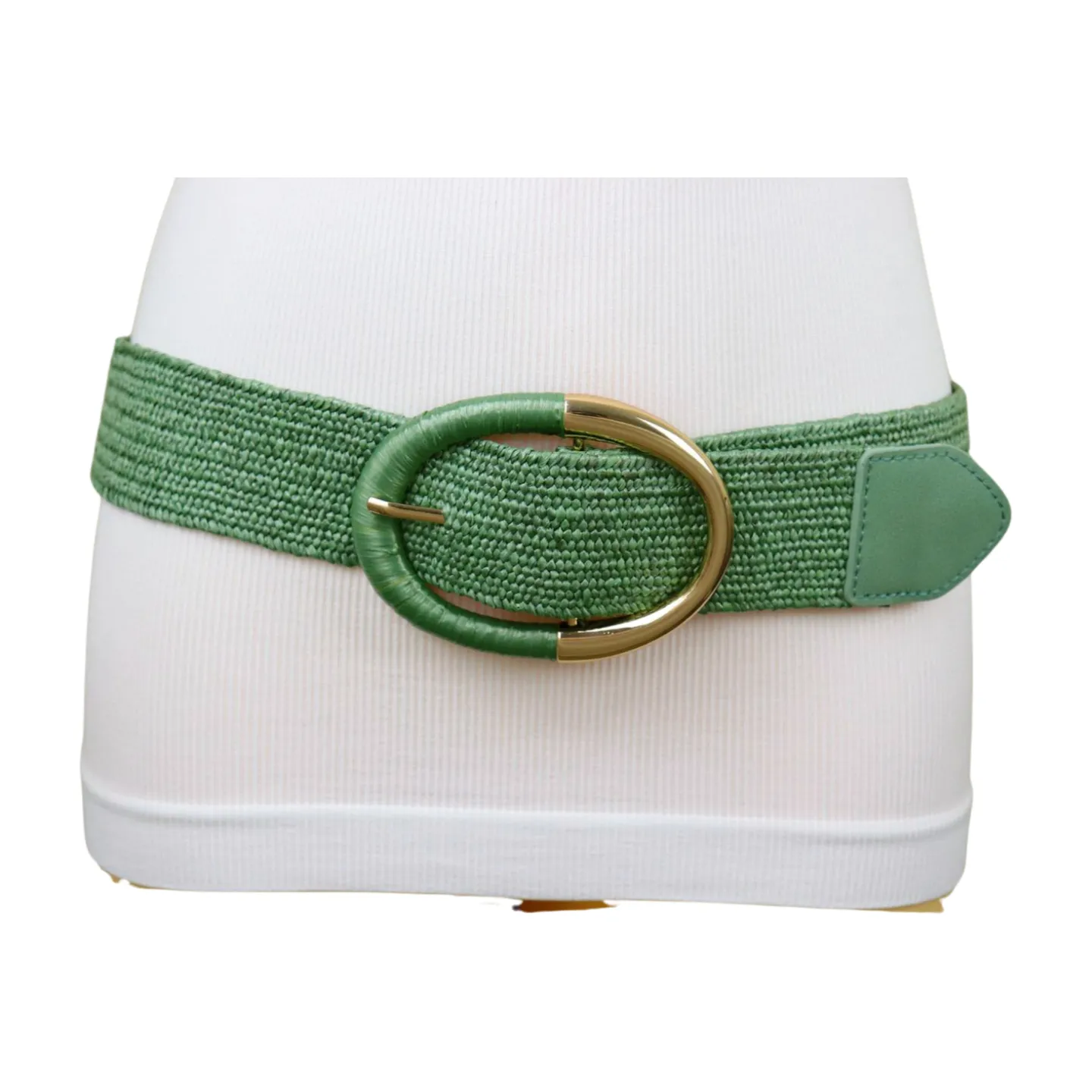 Women Green Braided Elastic Fashion Belt Gold Metal Oval Buckle Size S M L