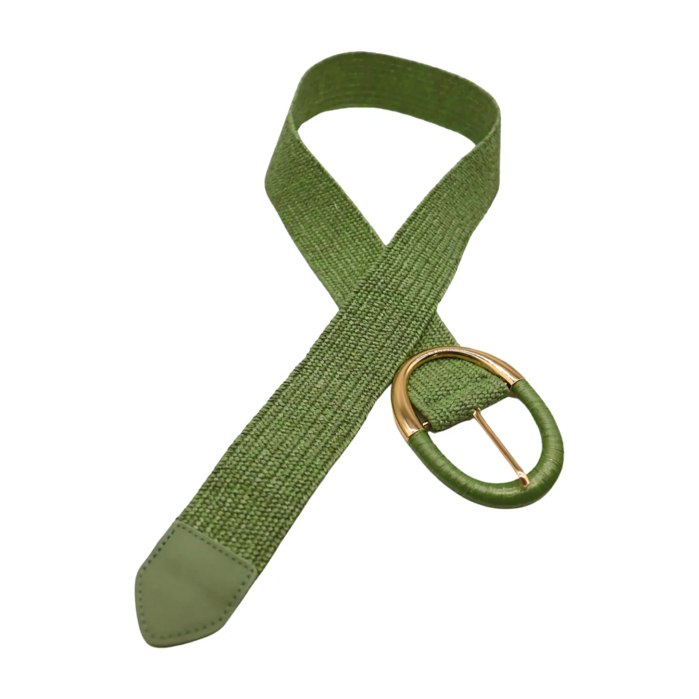 Women Green Braided Elastic Fashion Belt Gold Metal Oval Buckle Size S M L