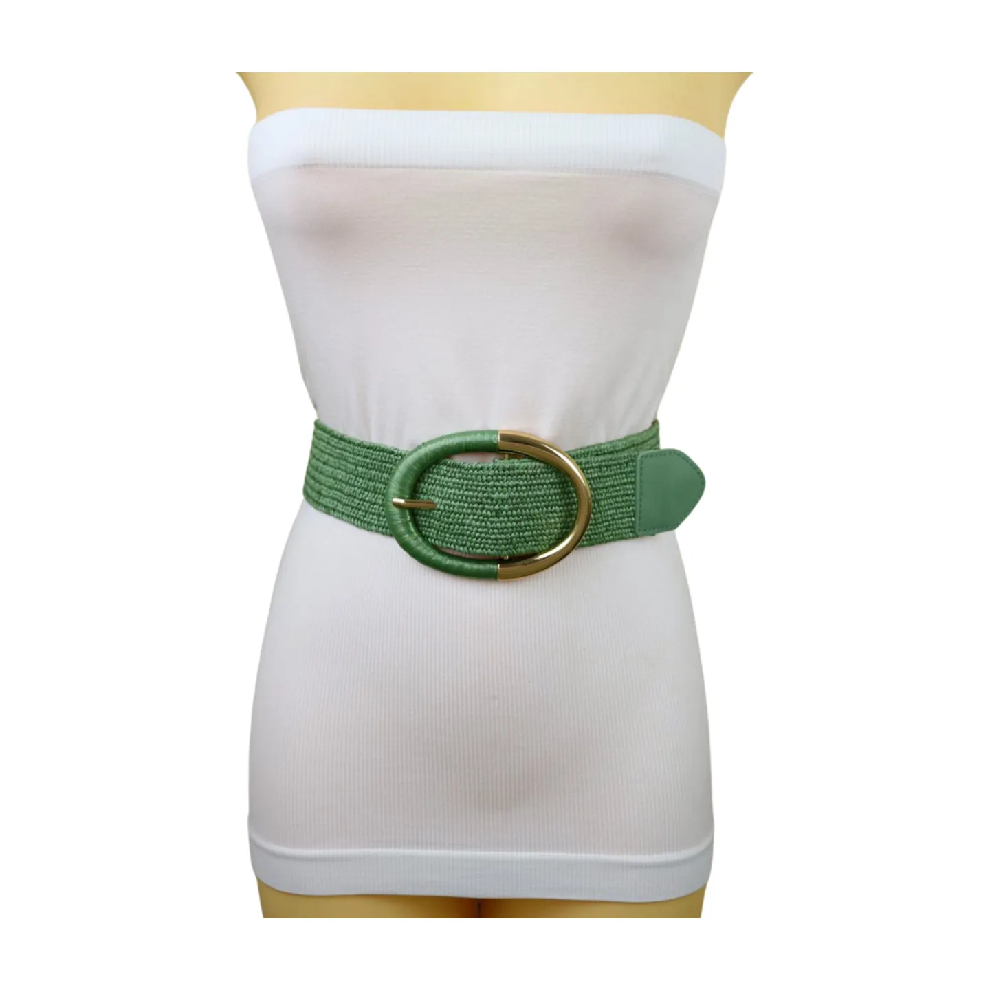 Women Green Braided Elastic Fashion Belt Gold Metal Oval Buckle Size S M L