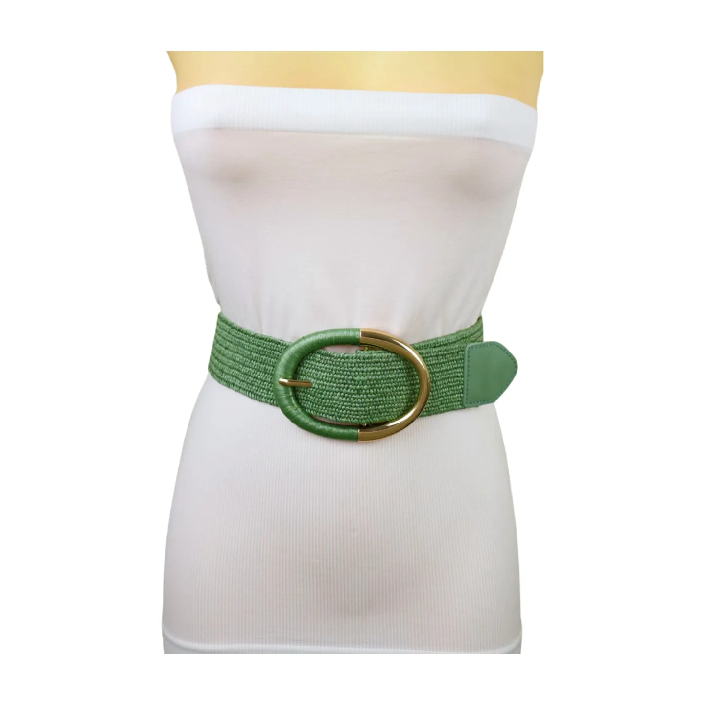 Women Green Braided Elastic Fashion Belt Gold Metal Oval Buckle Size S M L