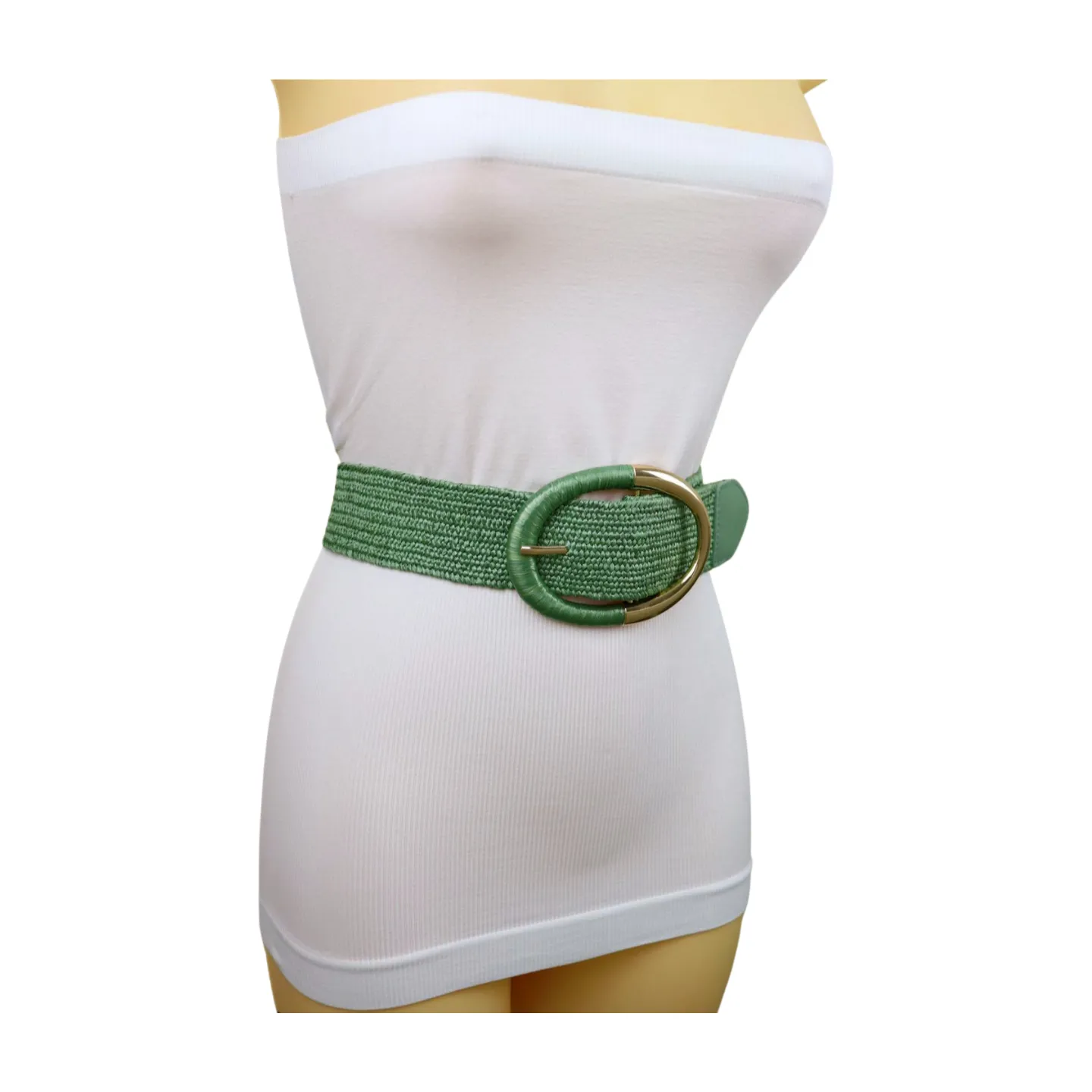 Women Green Braided Elastic Fashion Belt Gold Metal Oval Buckle Size S M L