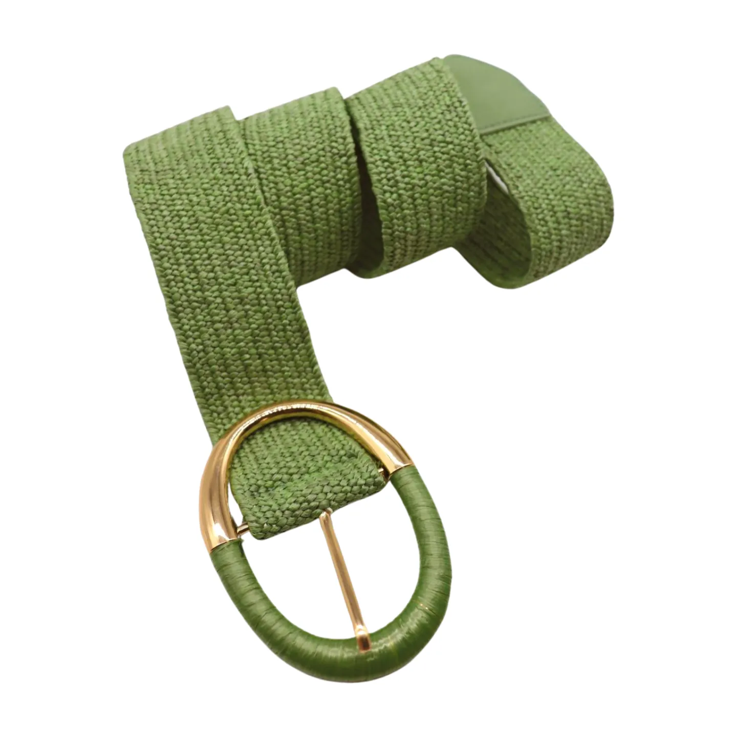 Women Green Braided Elastic Fashion Belt Gold Metal Oval Buckle Size S M L