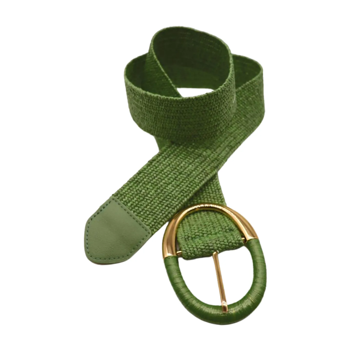 Women Green Braided Elastic Fashion Belt Gold Metal Oval Buckle Size S M L