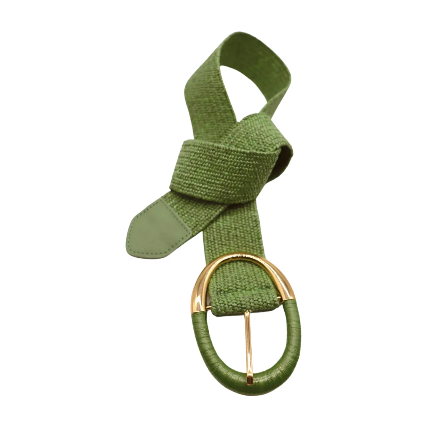 Women Green Braided Elastic Fashion Belt Gold Metal Oval Buckle Size S M L