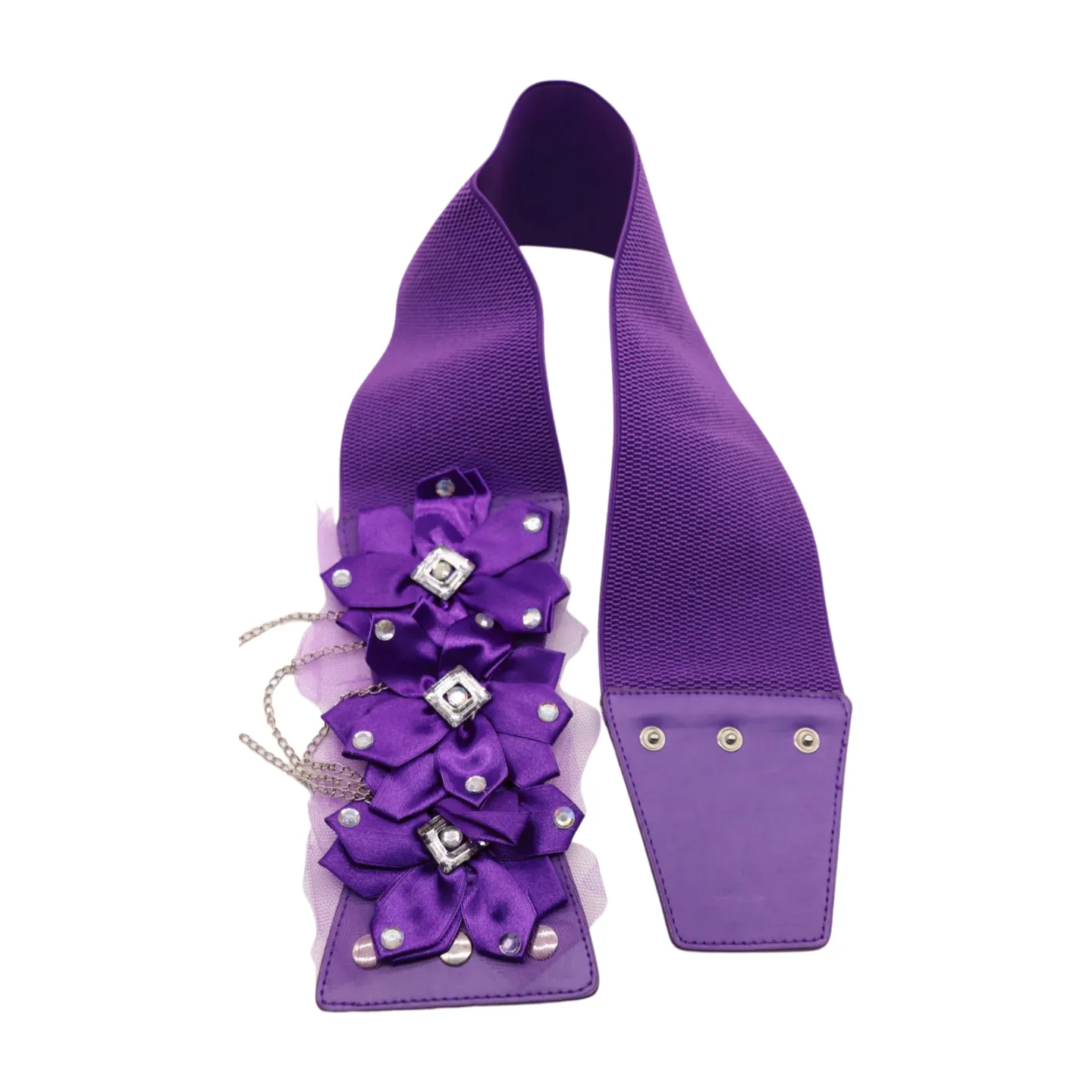 Women Purple Wide Elastic Band Belt High Waist Hip Lace Bling Flower Size S M
