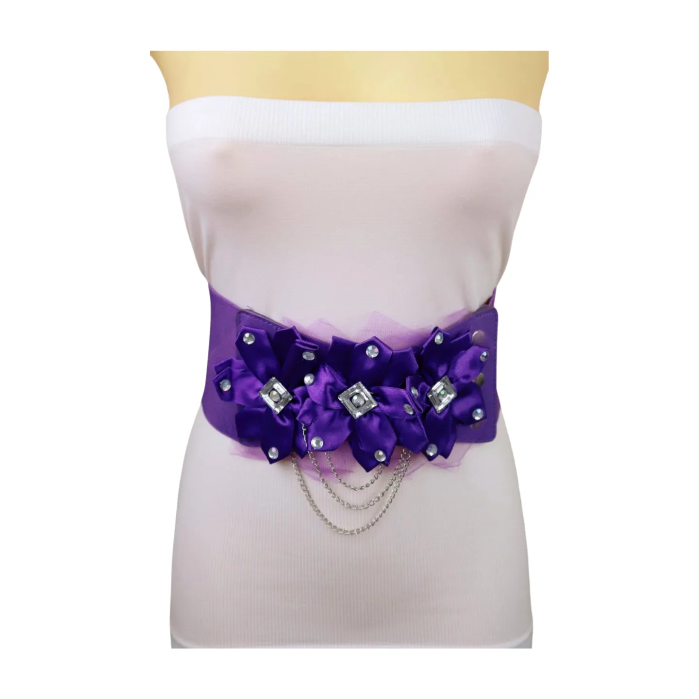 Women Purple Wide Elastic Band Belt High Waist Hip Lace Bling Flower Size S M