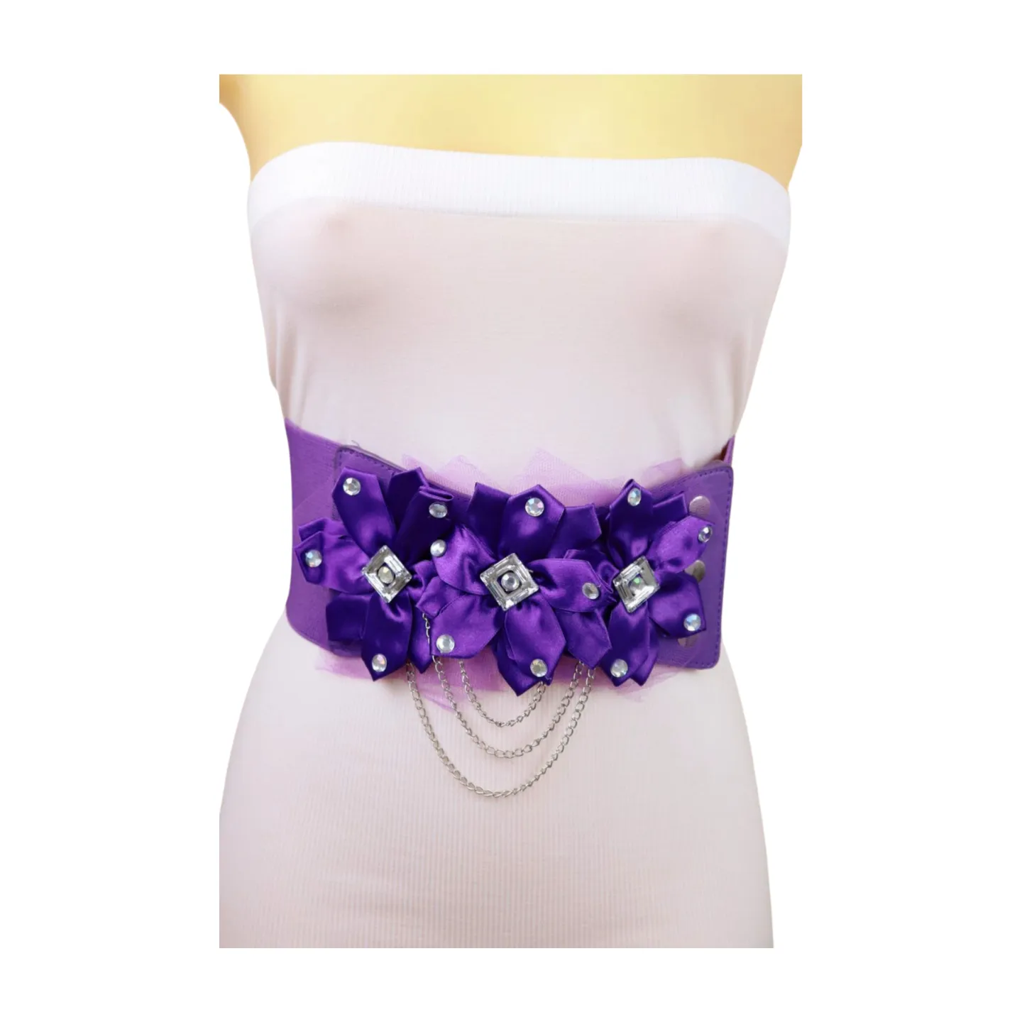 Women Purple Wide Elastic Band Belt High Waist Hip Lace Bling Flower Size S M