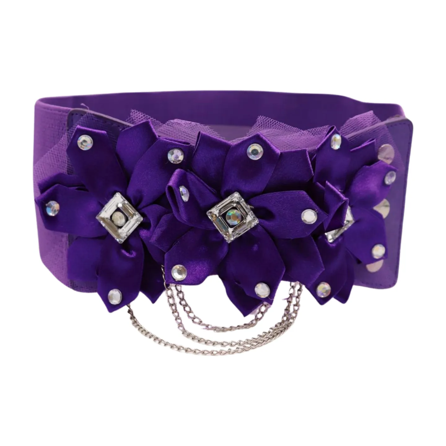 Women Purple Wide Elastic Band Belt High Waist Hip Lace Bling Flower Size S M