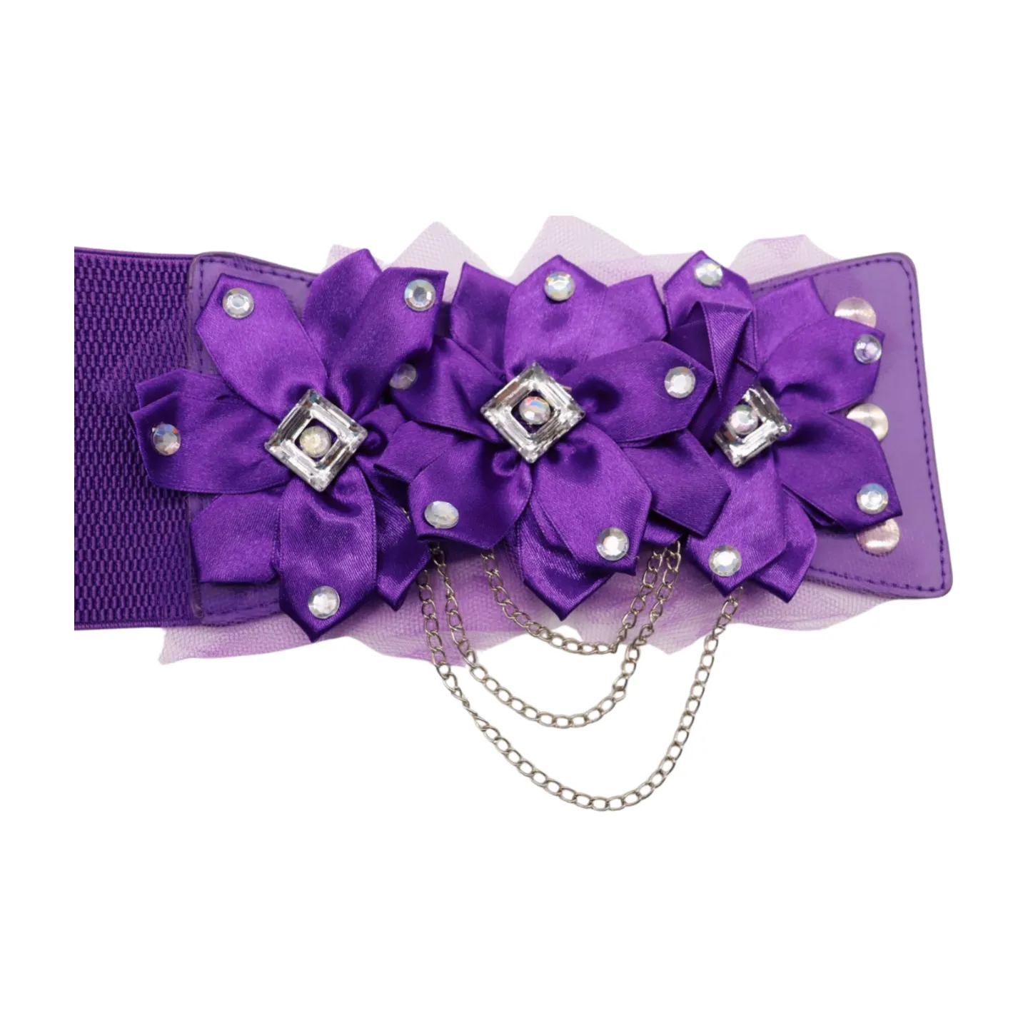 Women Purple Wide Elastic Band Belt High Waist Hip Lace Bling Flower Size S M