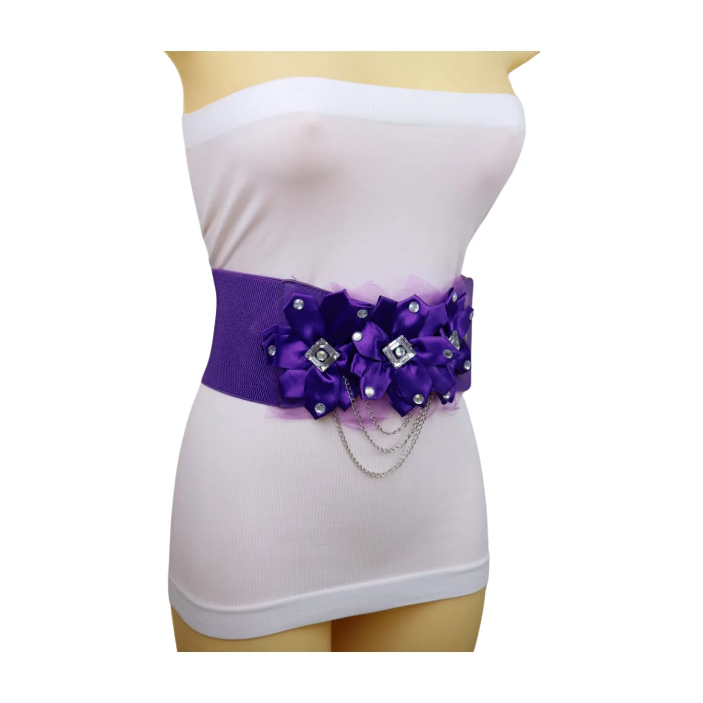 Women Purple Wide Elastic Band Belt High Waist Hip Lace Bling Flower Size S M
