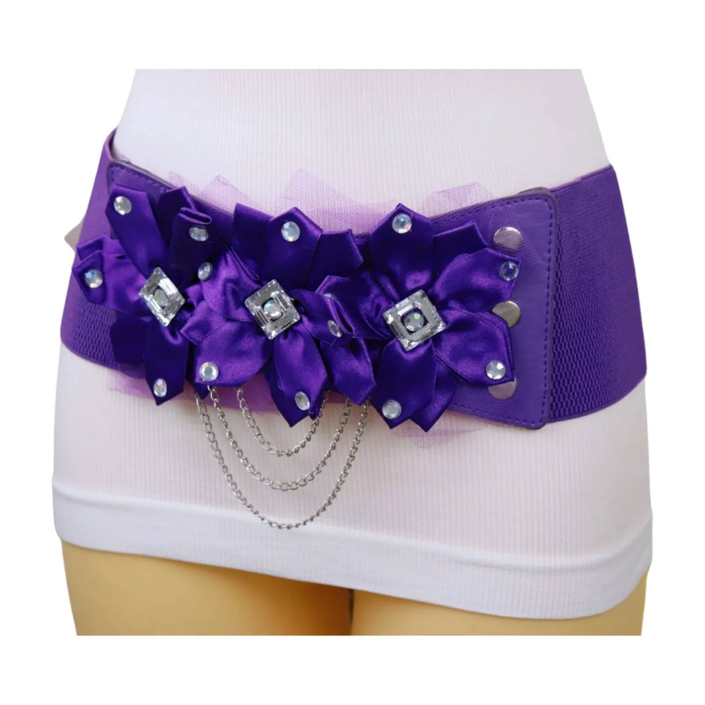 Women Purple Wide Elastic Band Belt High Waist Hip Lace Bling Flower Size S M