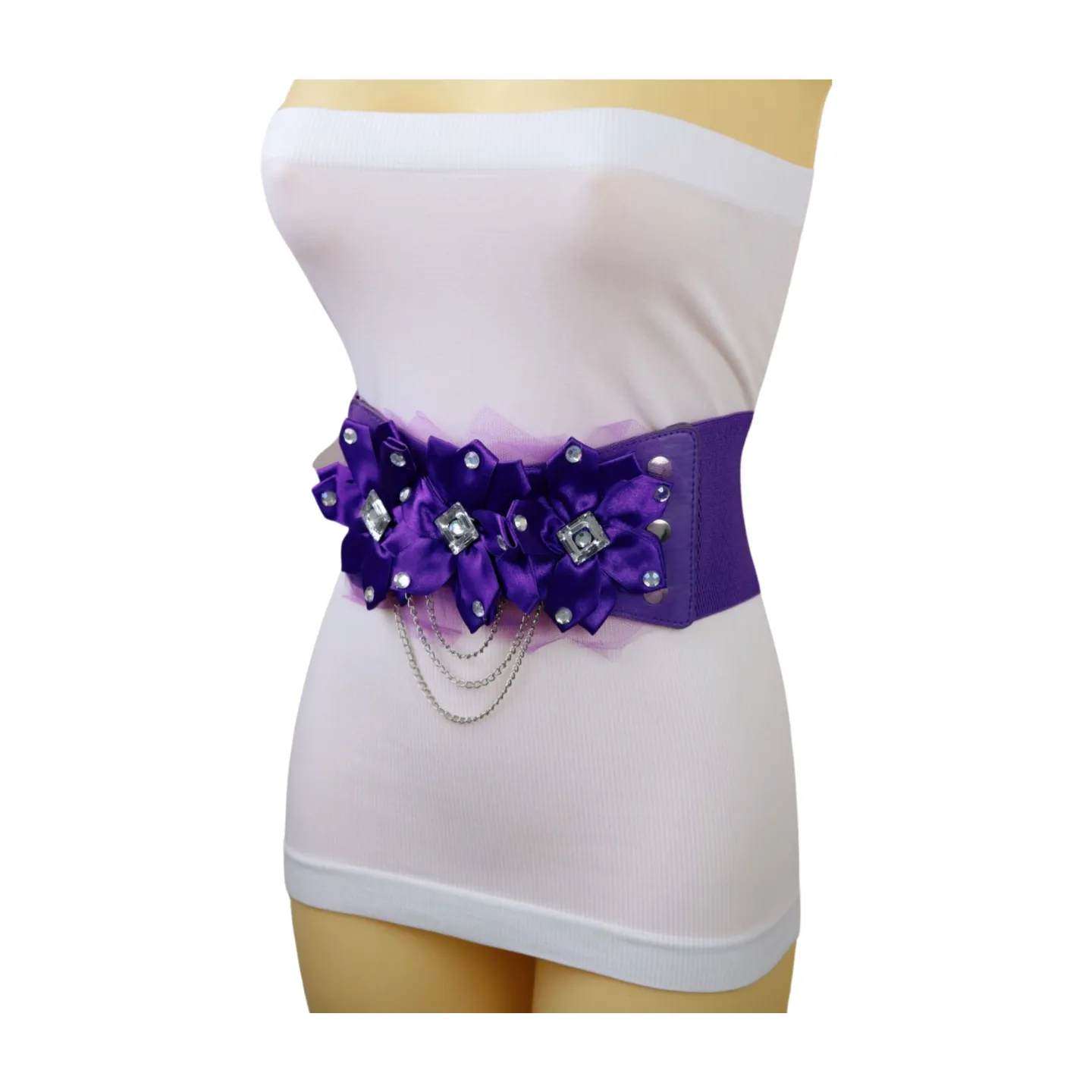 Women Purple Wide Elastic Band Belt High Waist Hip Lace Bling Flower Size S M
