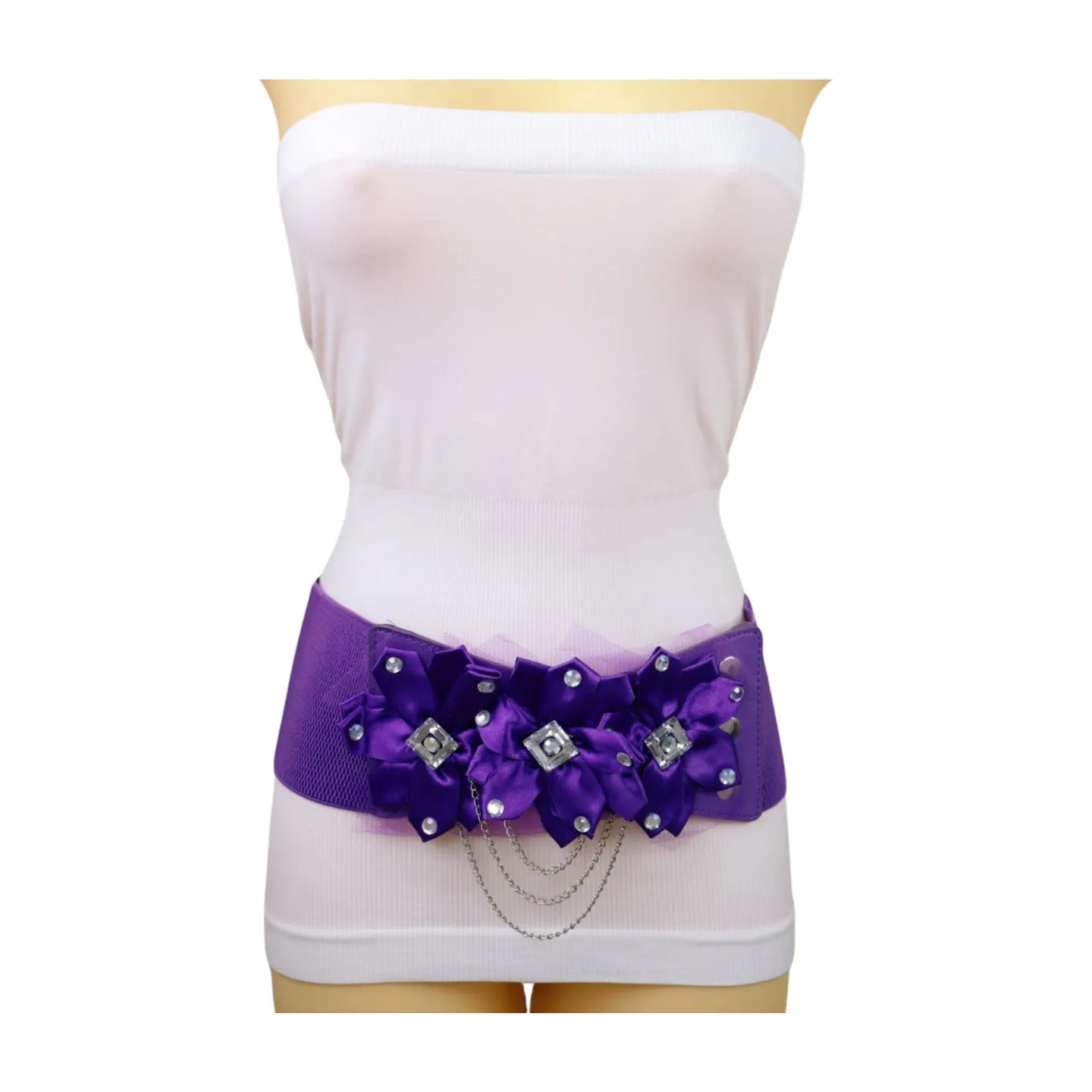Women Purple Wide Elastic Band Belt High Waist Hip Lace Bling Flower Size S M
