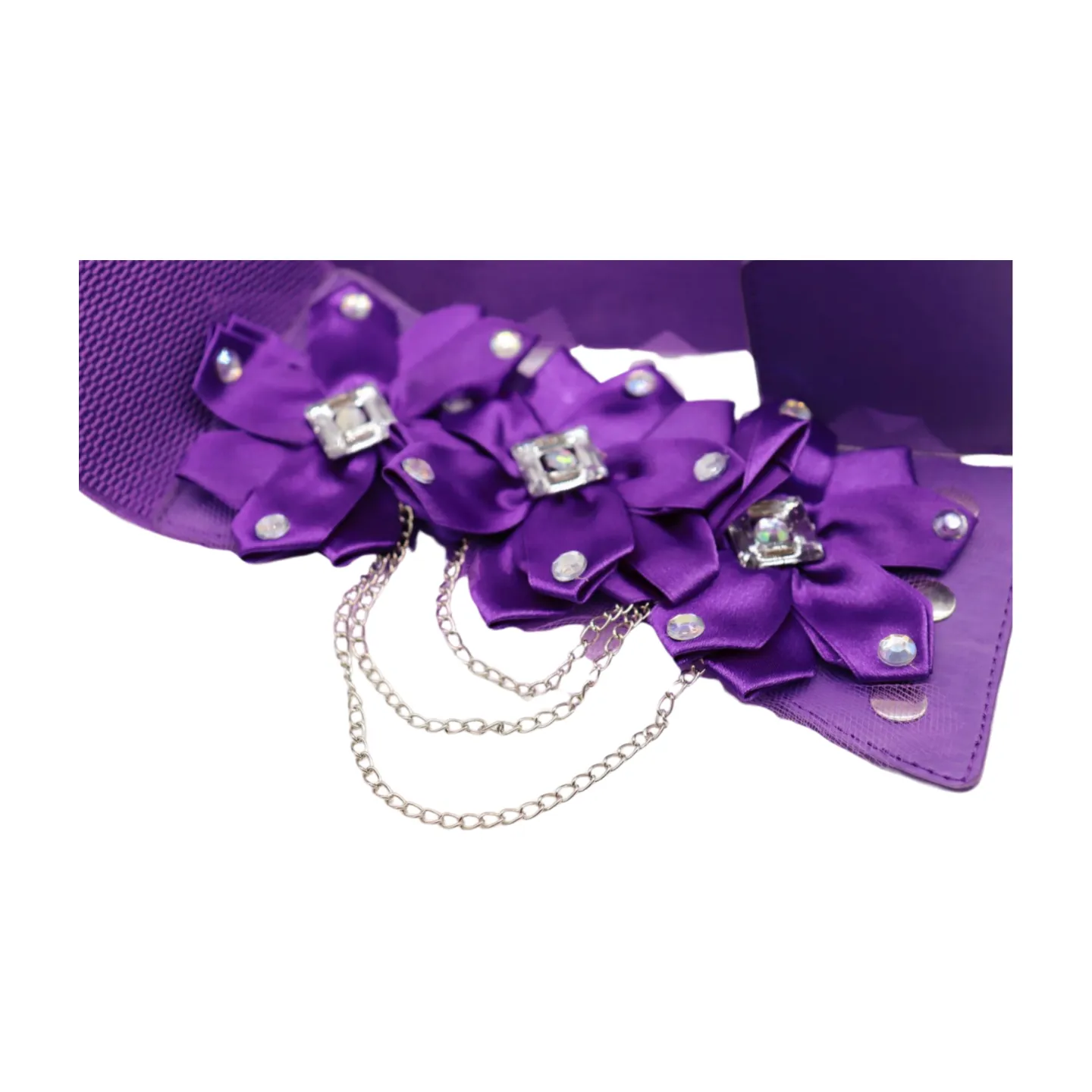 Women Purple Wide Elastic Band Belt High Waist Hip Lace Bling Flower Size S M