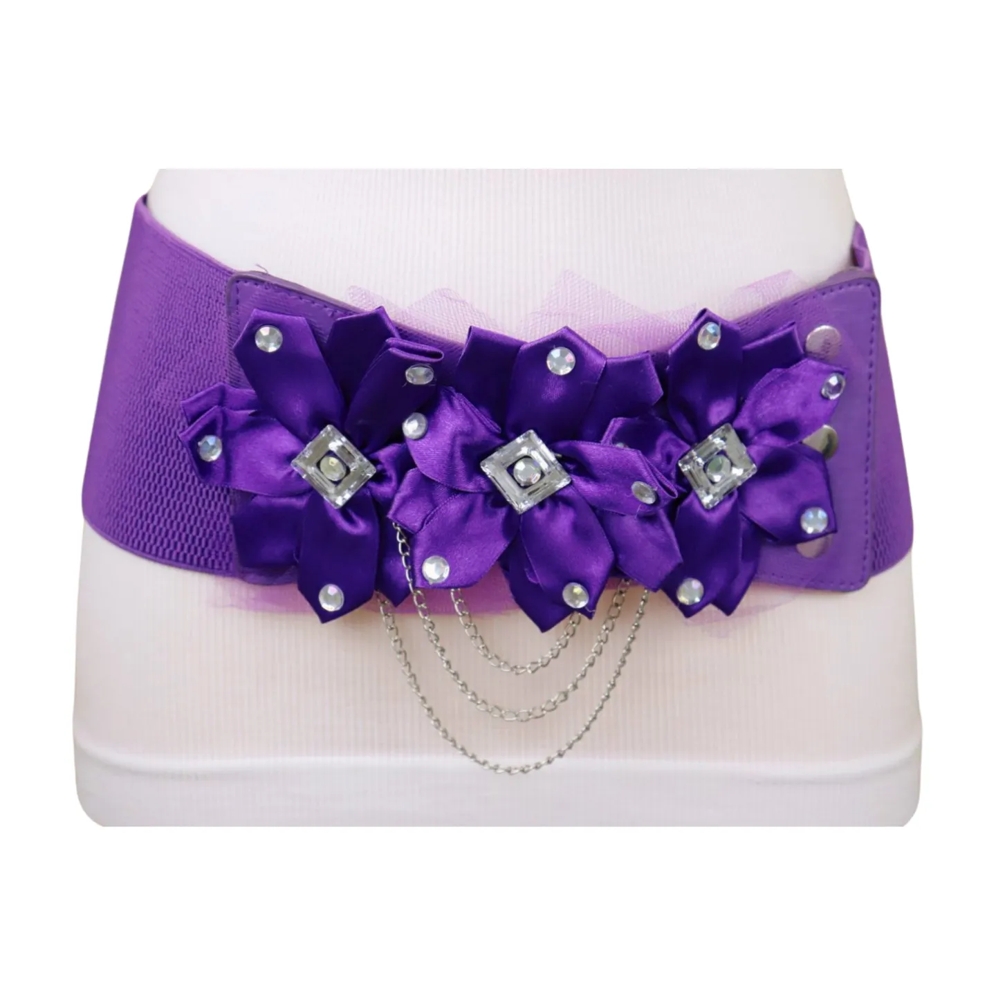 Women Purple Wide Elastic Band Belt High Waist Hip Lace Bling Flower Size S M